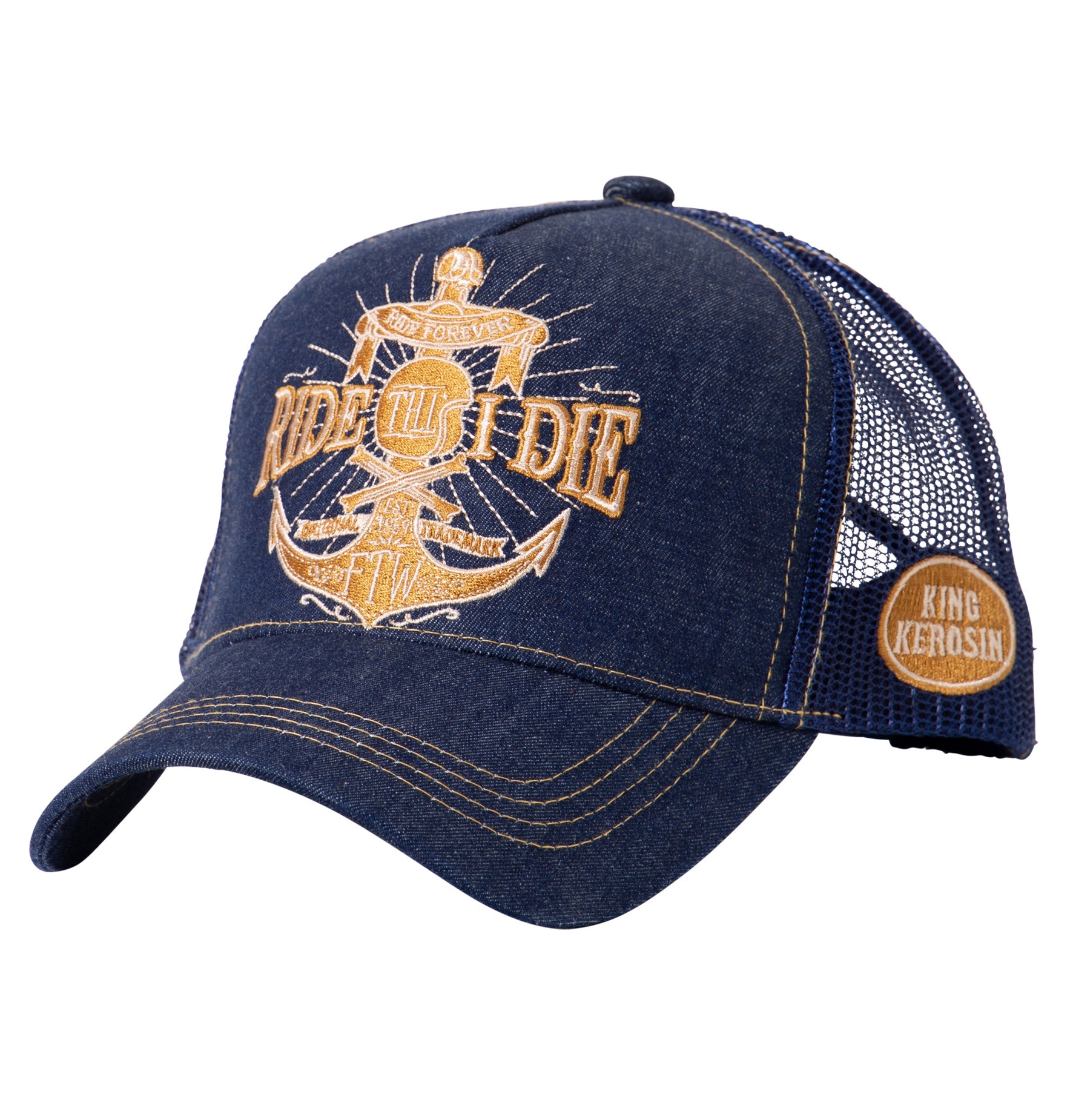 Denim Trucker Cap mit goldfarbener Stickerei «Ride Till I Die» Trucker Cap von King Kerosin