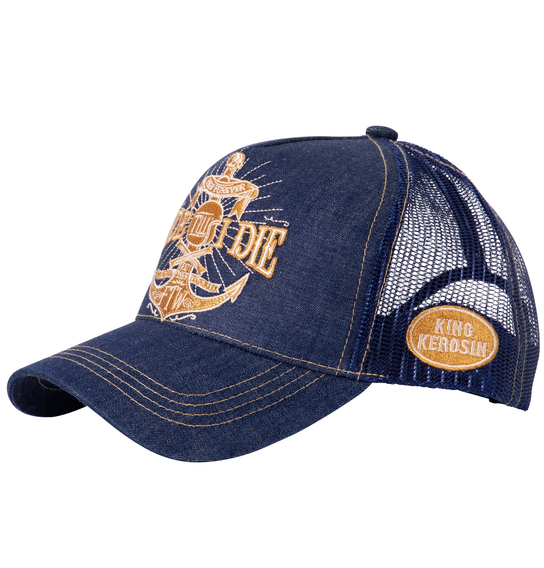 Denim Trucker Cap mit goldfarbener Stickerei «Ride Till I Die» Trucker Cap von King Kerosin