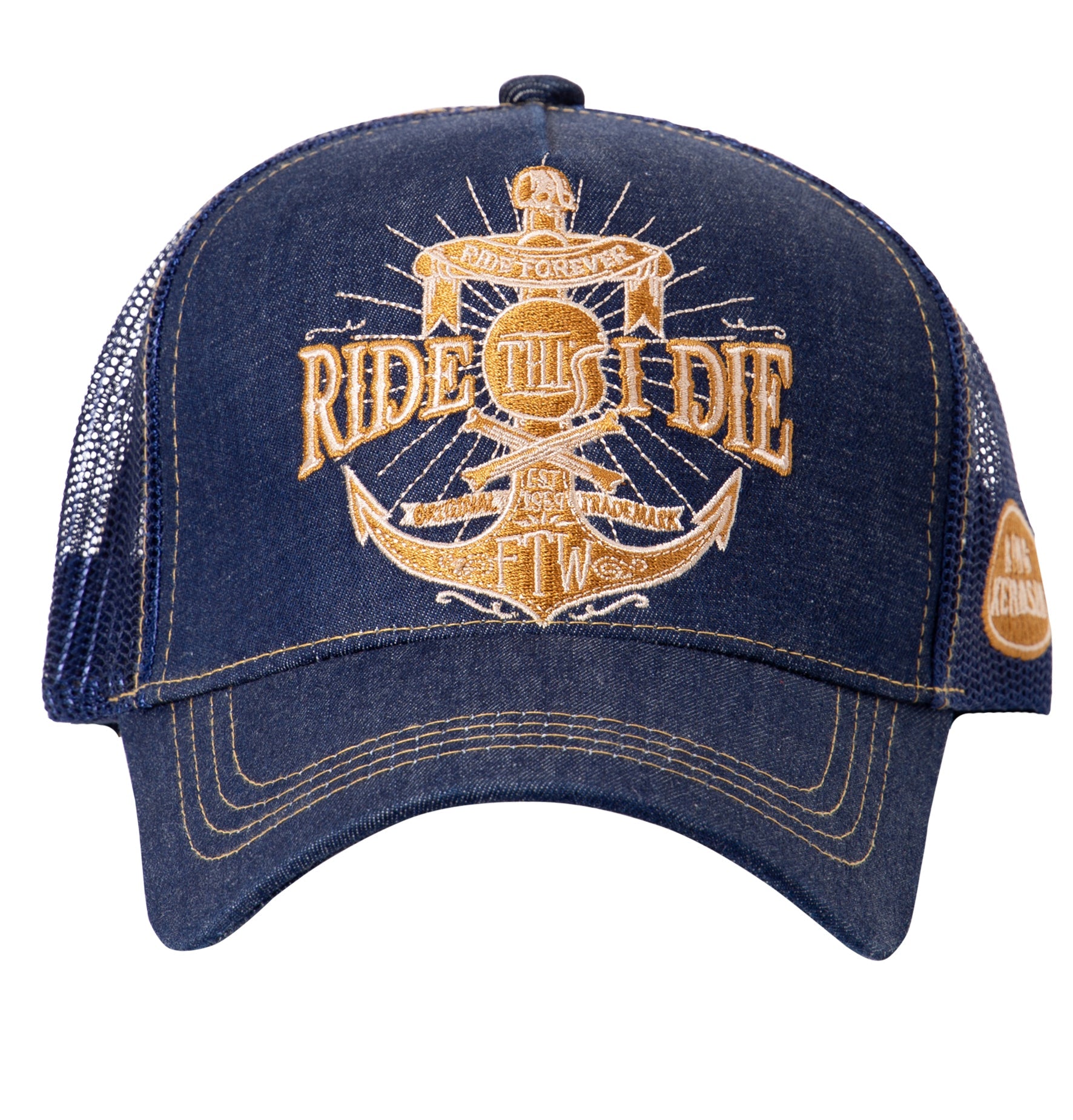 Denim Trucker Cap mit goldfarbener Stickerei «Ride Till I Die» Trucker Cap von King Kerosin