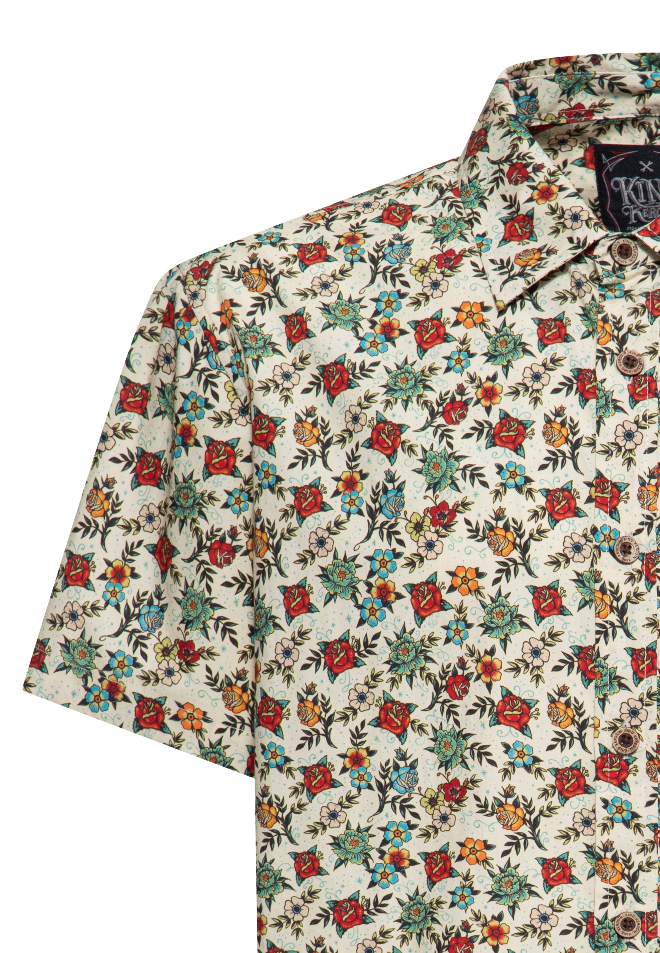 Kurzarmhemd 'Tattoo Flowers' in Offwhite Hemden - Kurzarm von King Kerosin