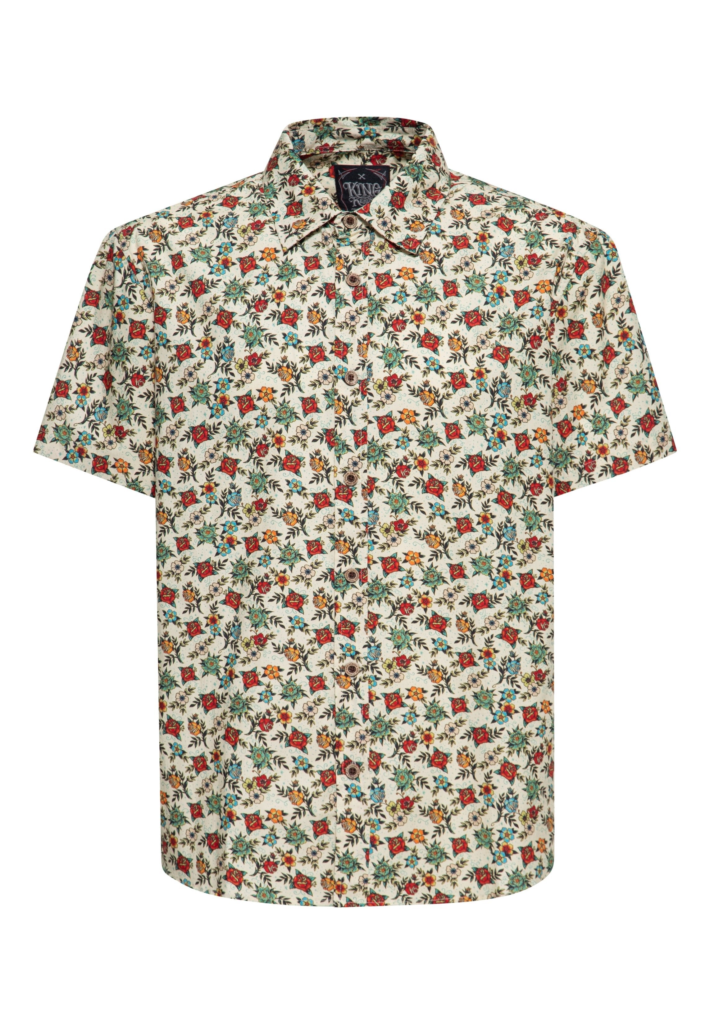 Kurzarmhemd 'Tattoo Flowers' in Offwhite Hemden - Kurzarm von King Kerosin
