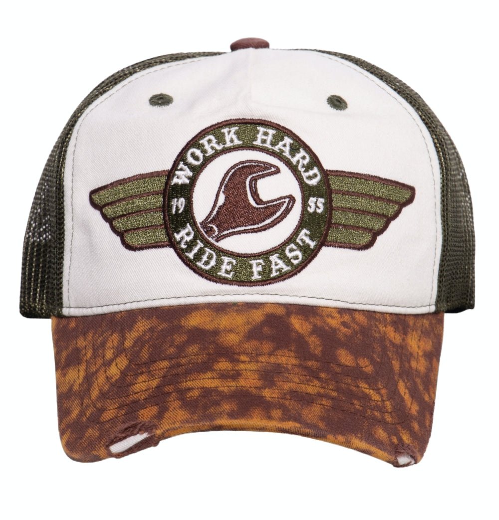 Trucker Cap mit Enzymwash und Destroyed - Effekten und Stickerei «Work Hard» Trucker Cap von King Kerosin