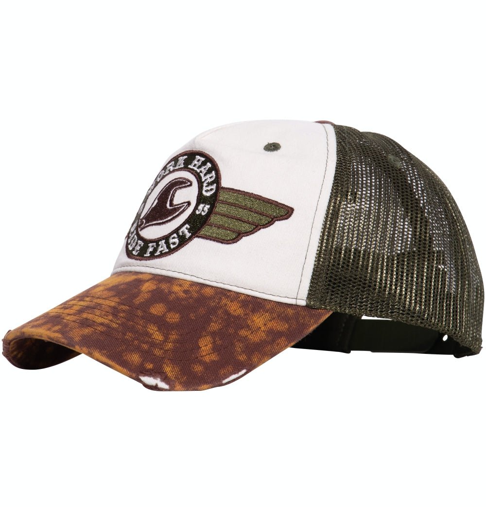 Trucker Cap mit Enzymwash und Destroyed - Effekten und Stickerei «Work Hard» Trucker Cap von King Kerosin