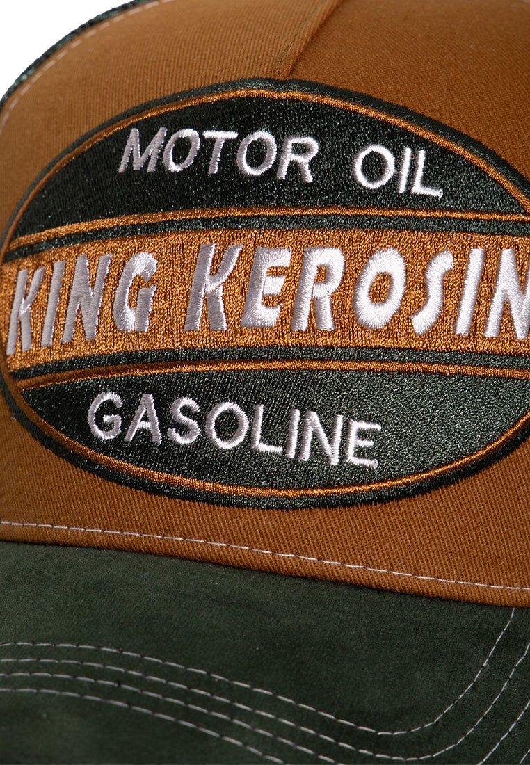 Trucker Cap mit Schirm in Samt - Optik und Front - Stickerei «Motor Oil» Trucker Cap von King Kerosin
