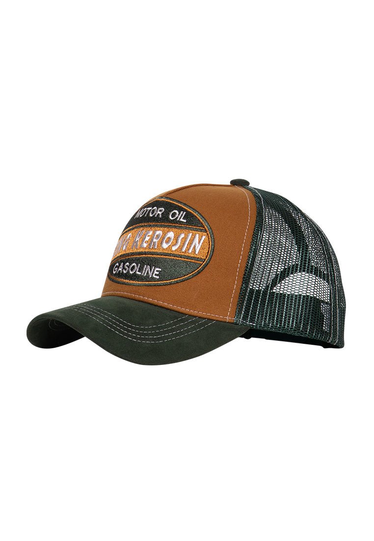 Trucker Cap mit Schirm in Samt - Optik und Front - Stickerei «Motor Oil» Trucker Cap von King Kerosin