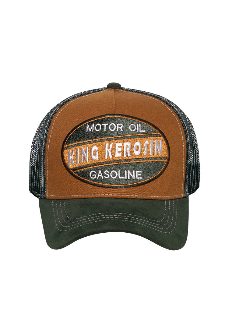 Trucker Cap mit Schirm in Samt - Optik und Front - Stickerei «Motor Oil» Trucker Cap von King Kerosin