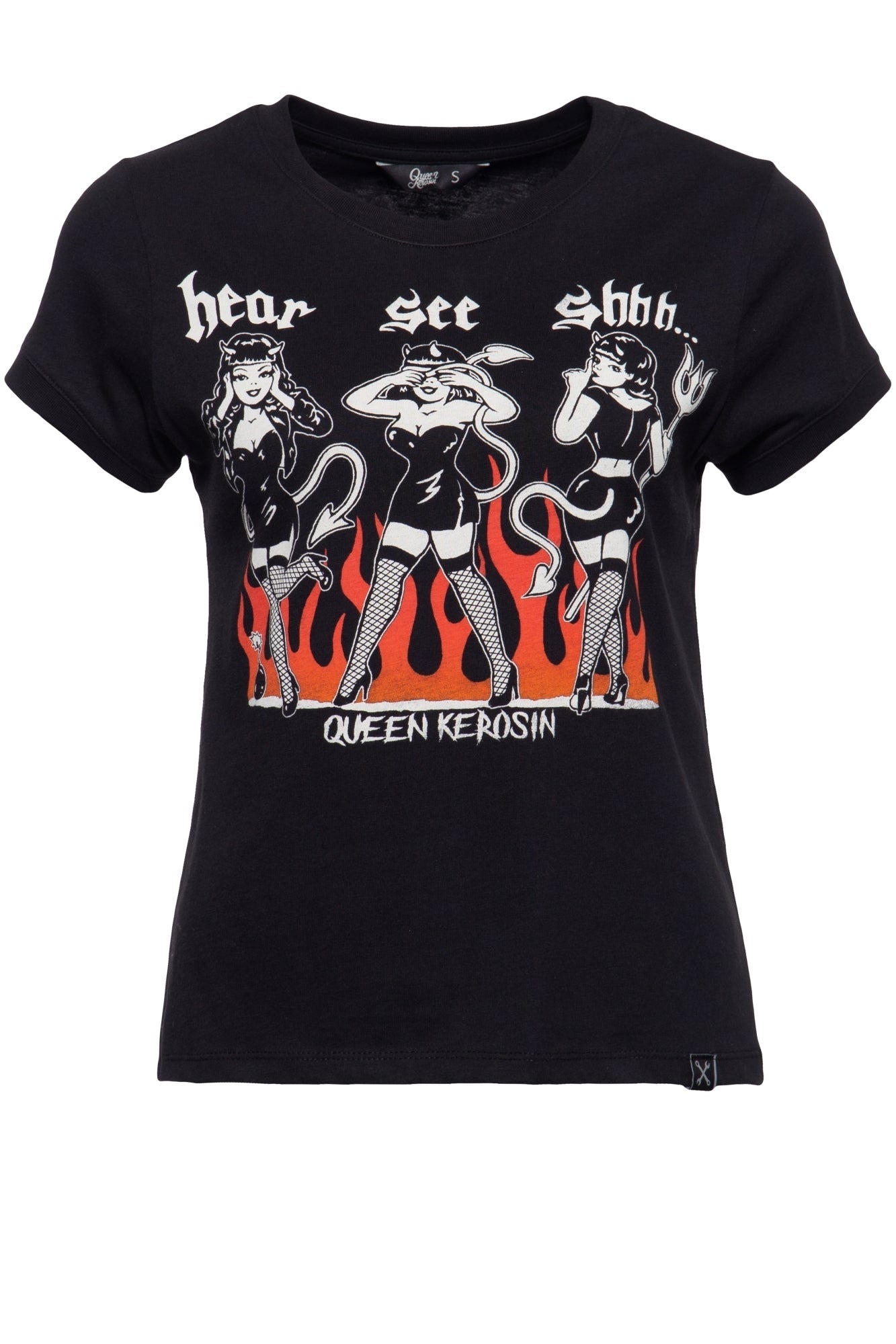 Queen Kerosin - Cooles T-Shirt im Wide Fit «Hear, see, shhh»