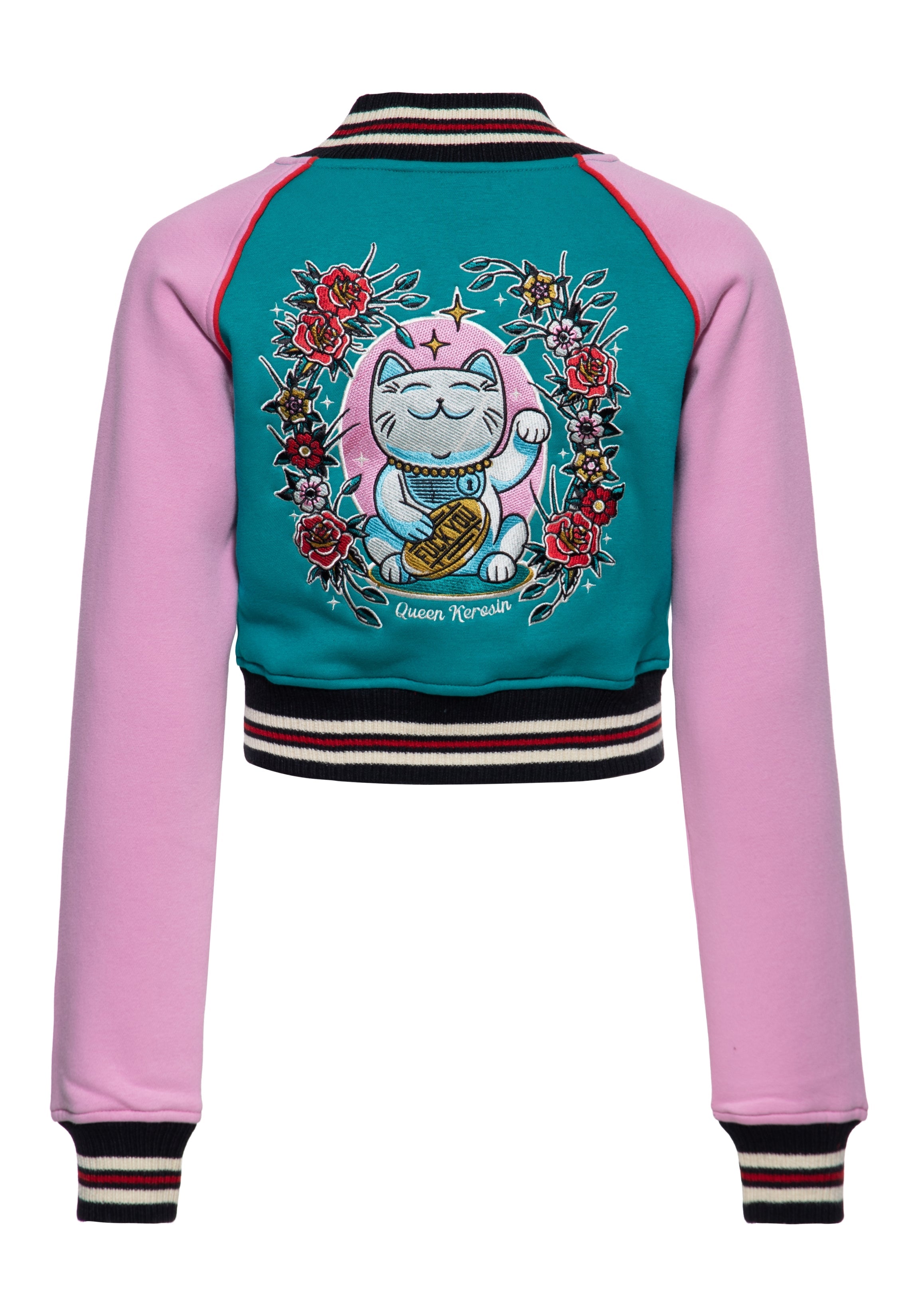 Cropped Collegejacke 'Lucky Cat' in Grün College & Baseball Jacken von Queen Kerosin