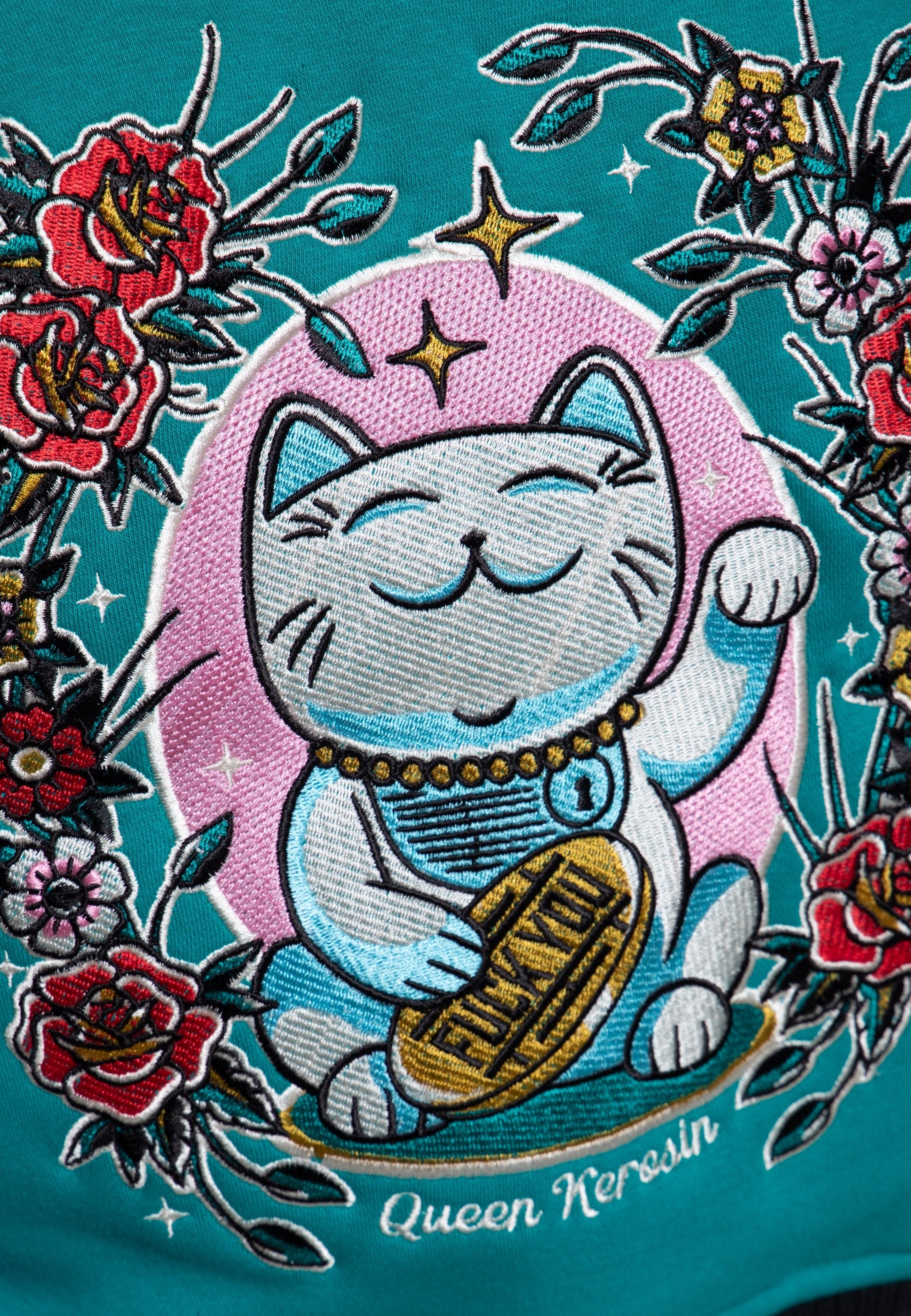 Cropped Collegejacke 'Lucky Cat' in Grün College & Baseball Jacken von Queen Kerosin