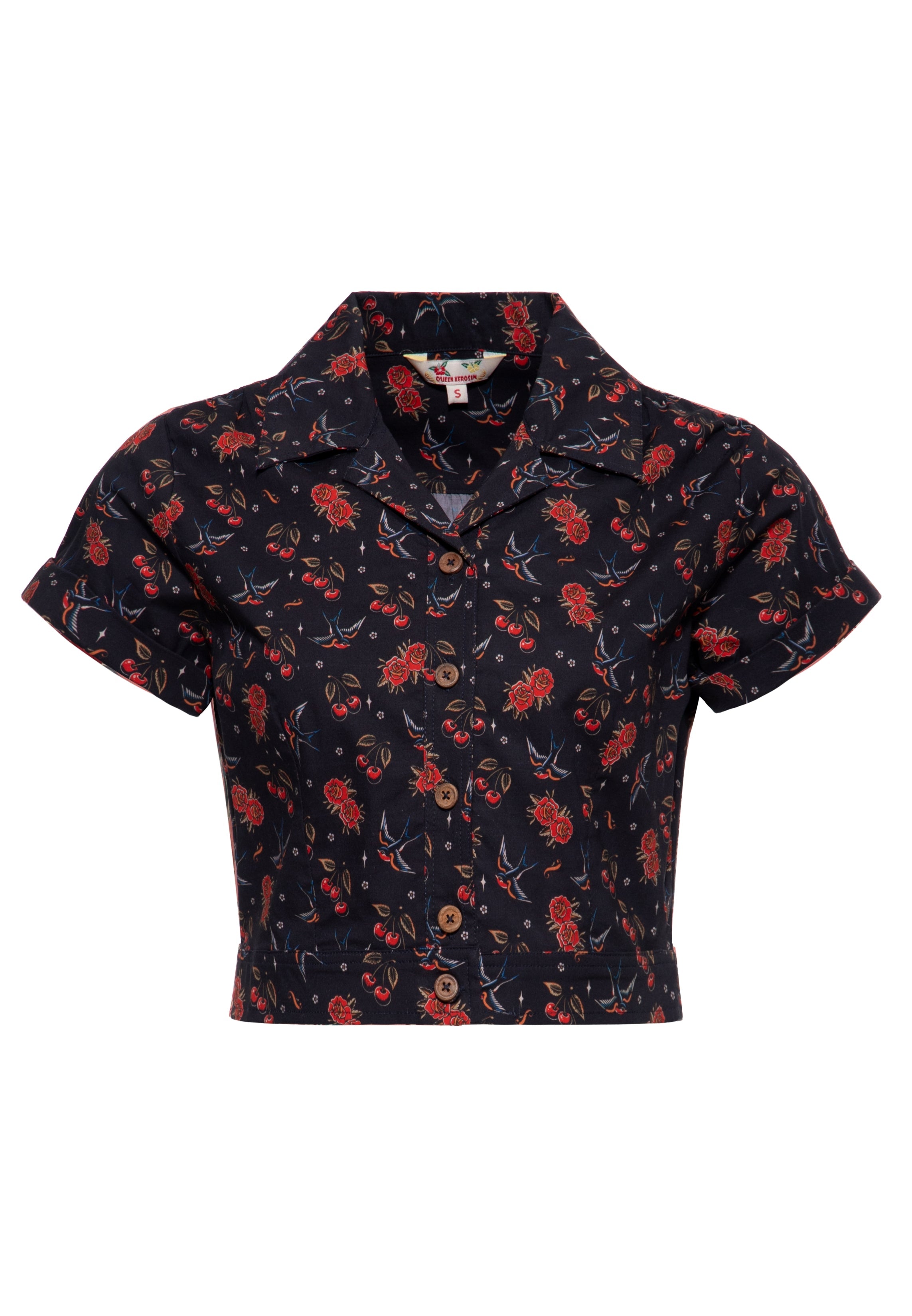 Cropped Hawaiibluse 'Cherries & Roses' in Schwarz Blusen von Queen Kerosin