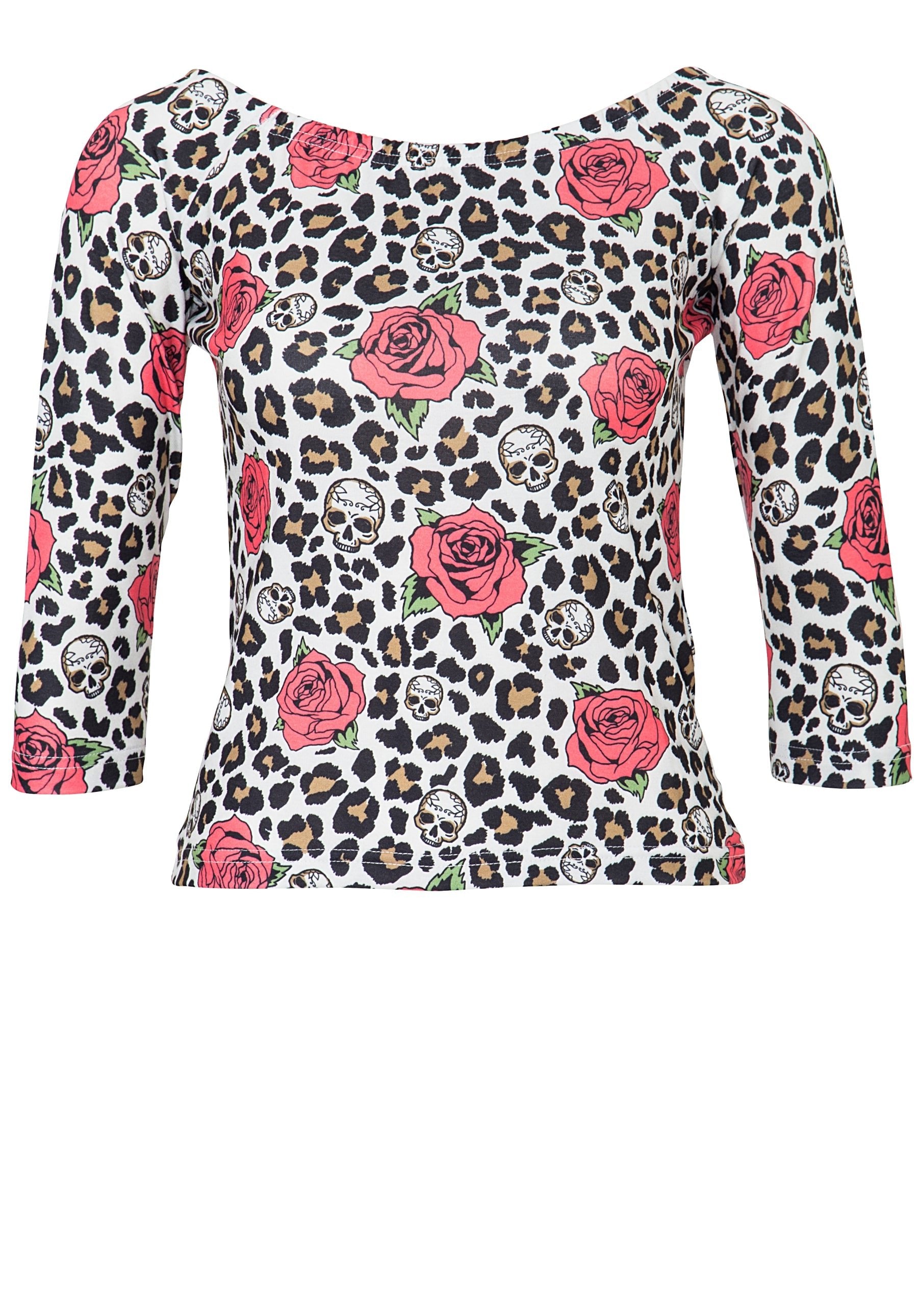 Queen Kerosin - Cropped Shirt mit Alloverprint «Leo & Roses»