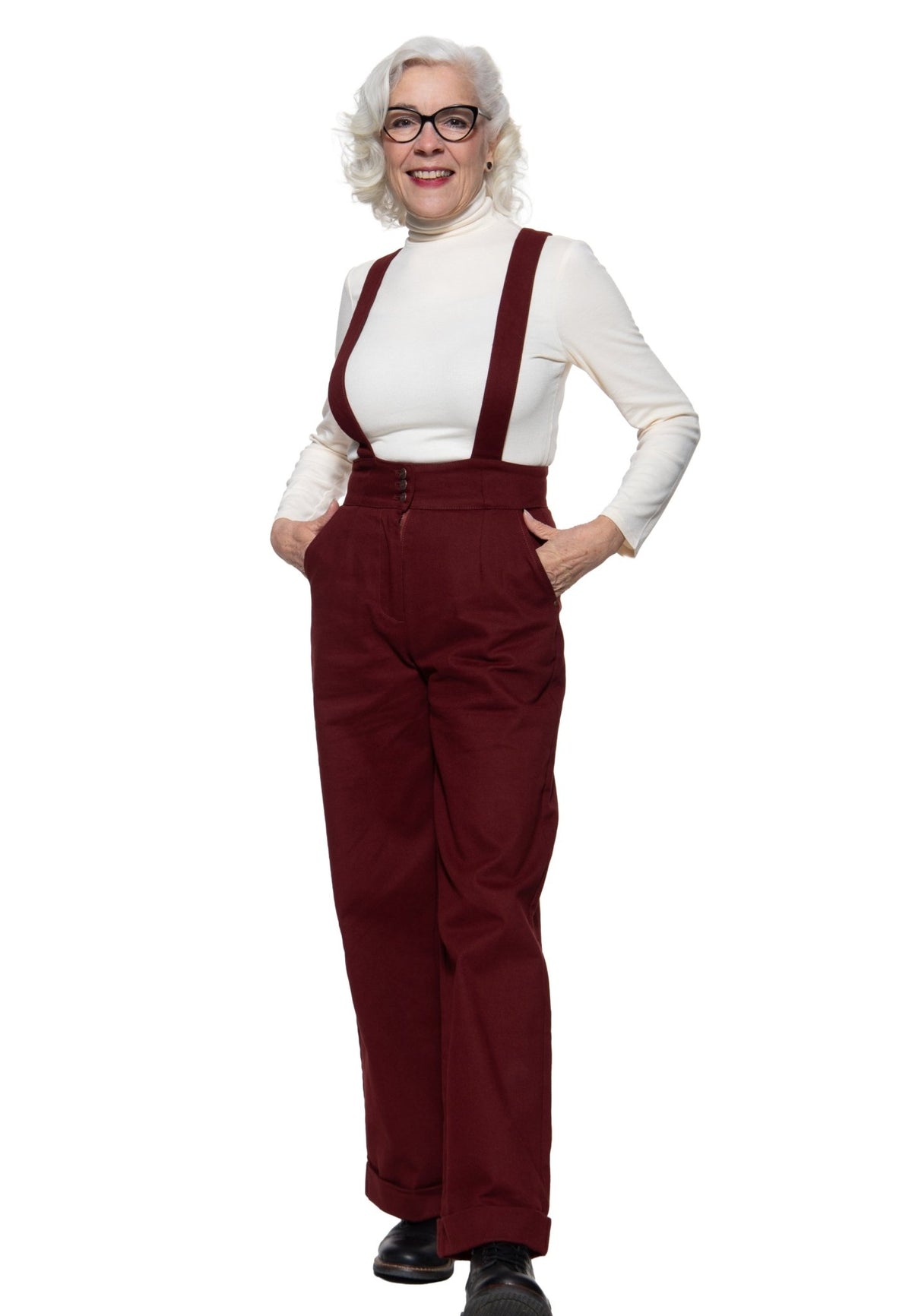 Damen Hose High-Waist Wide-Leg Dungarees in Bordeaux – Hose von Queen Kerosin - Ansicht 6