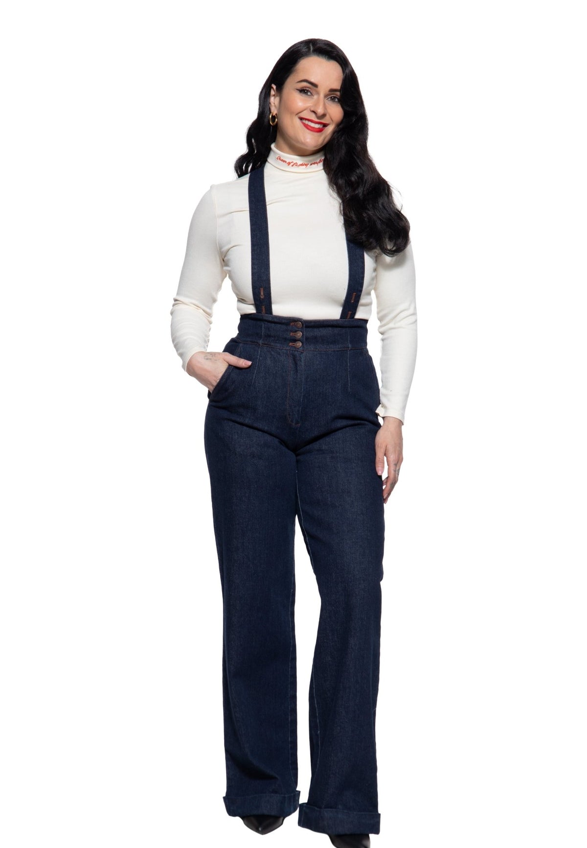 Damen Hose High-Waist Wide-Leg Dungarees in Dark Blue Wash – Hose von Queen Kerosin - Ansicht 1