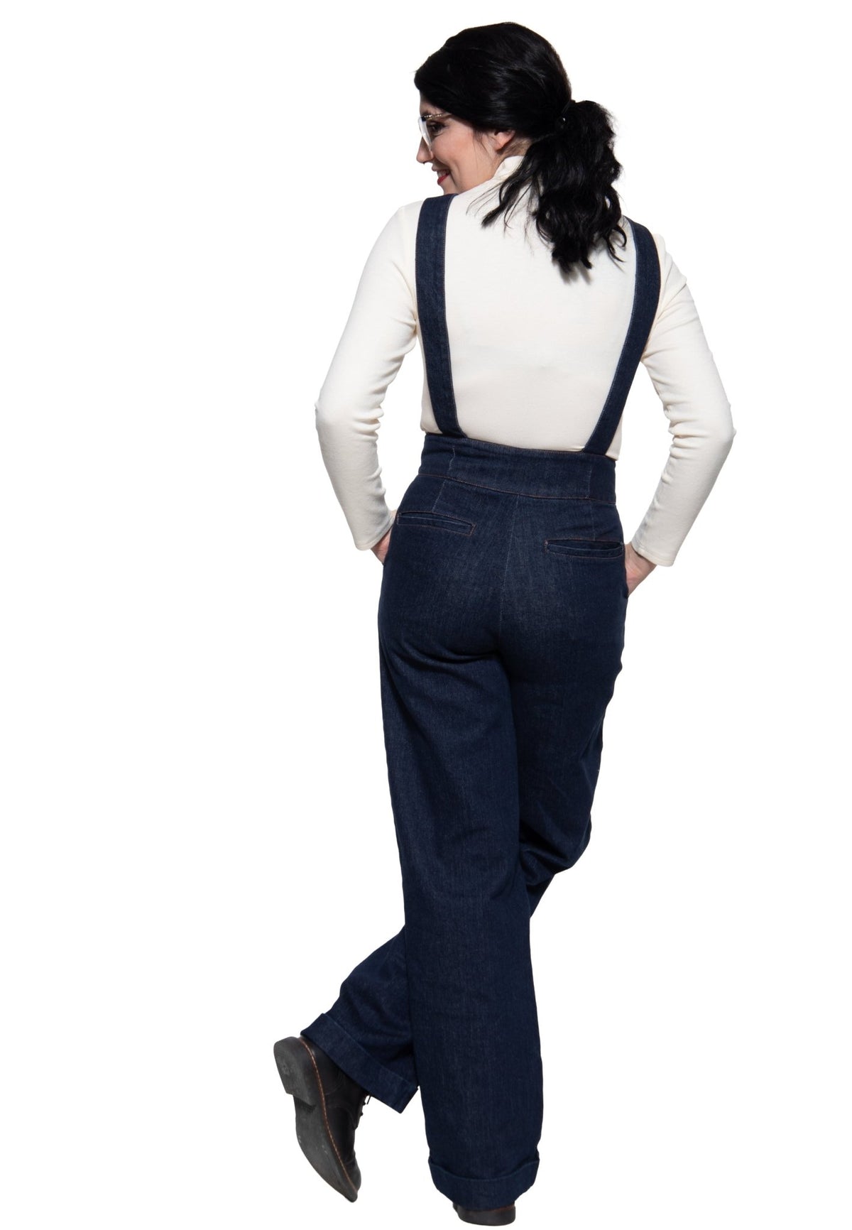 Damen Hose High-Waist Wide-Leg Dungarees in Dark Blue Wash – Hose von Queen Kerosin - Ansicht 7