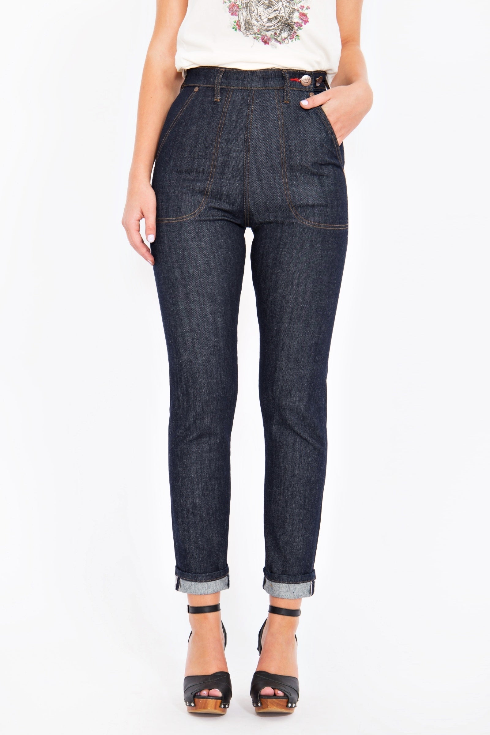 Queen Kerosin - Selvedge High Waist Jeans mit Stretch «Red Selvedge»