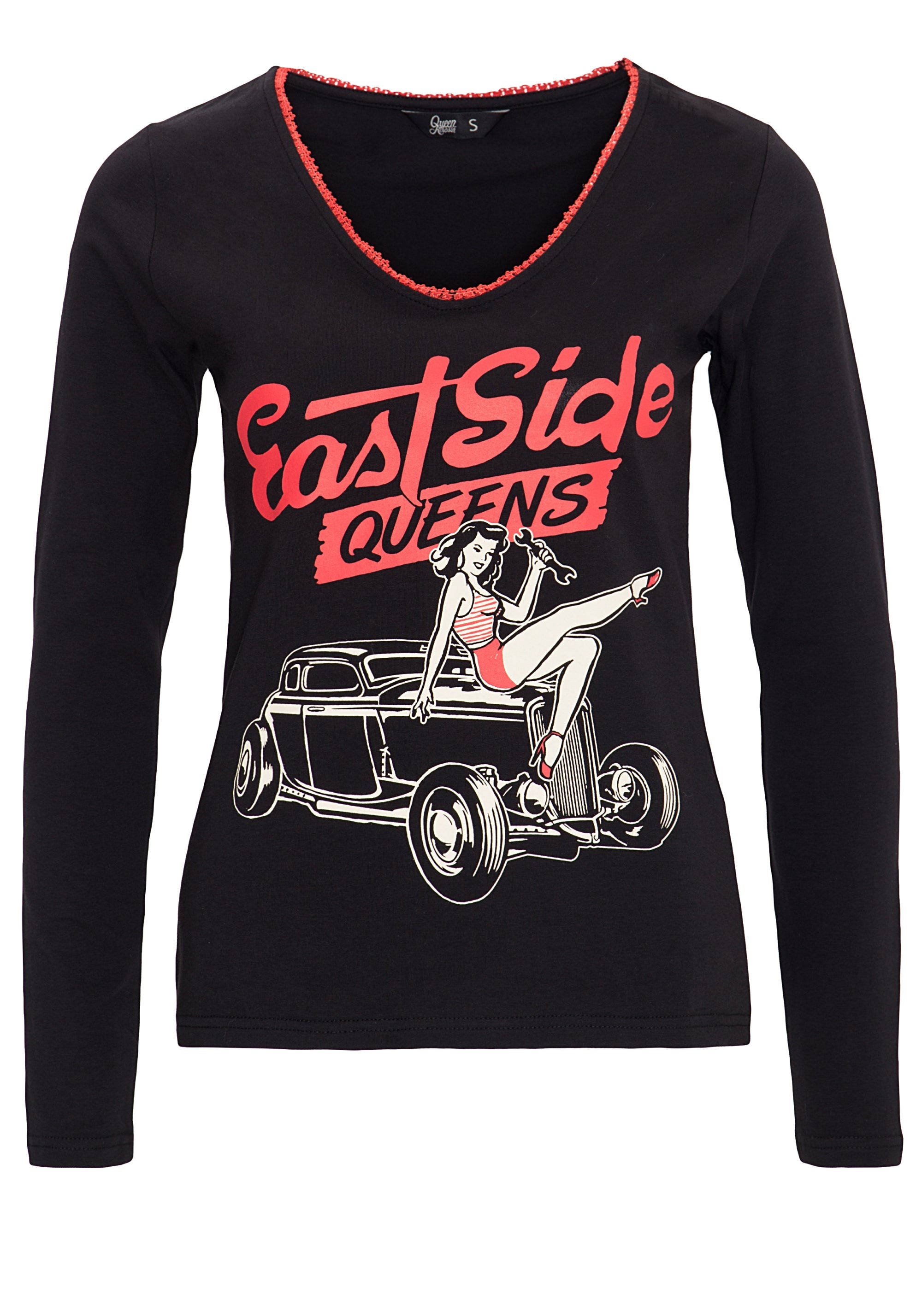 Queen Kerosin - Shirt mit Retro Print und V - Ausschnitt «East Side Queens»