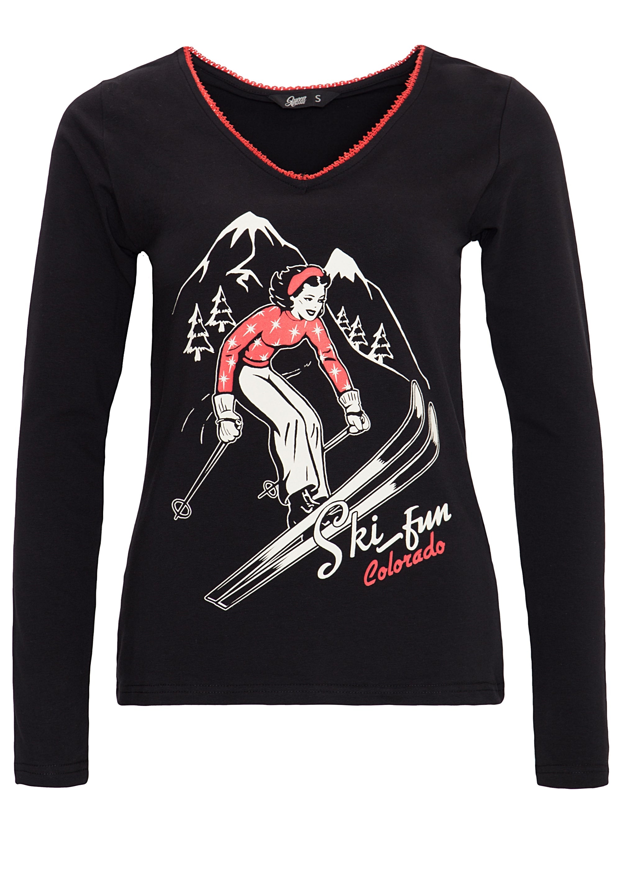 Queen Kerosin - Shirt mit V - Ausschnitt und Vintage Druck «Ski Fun»