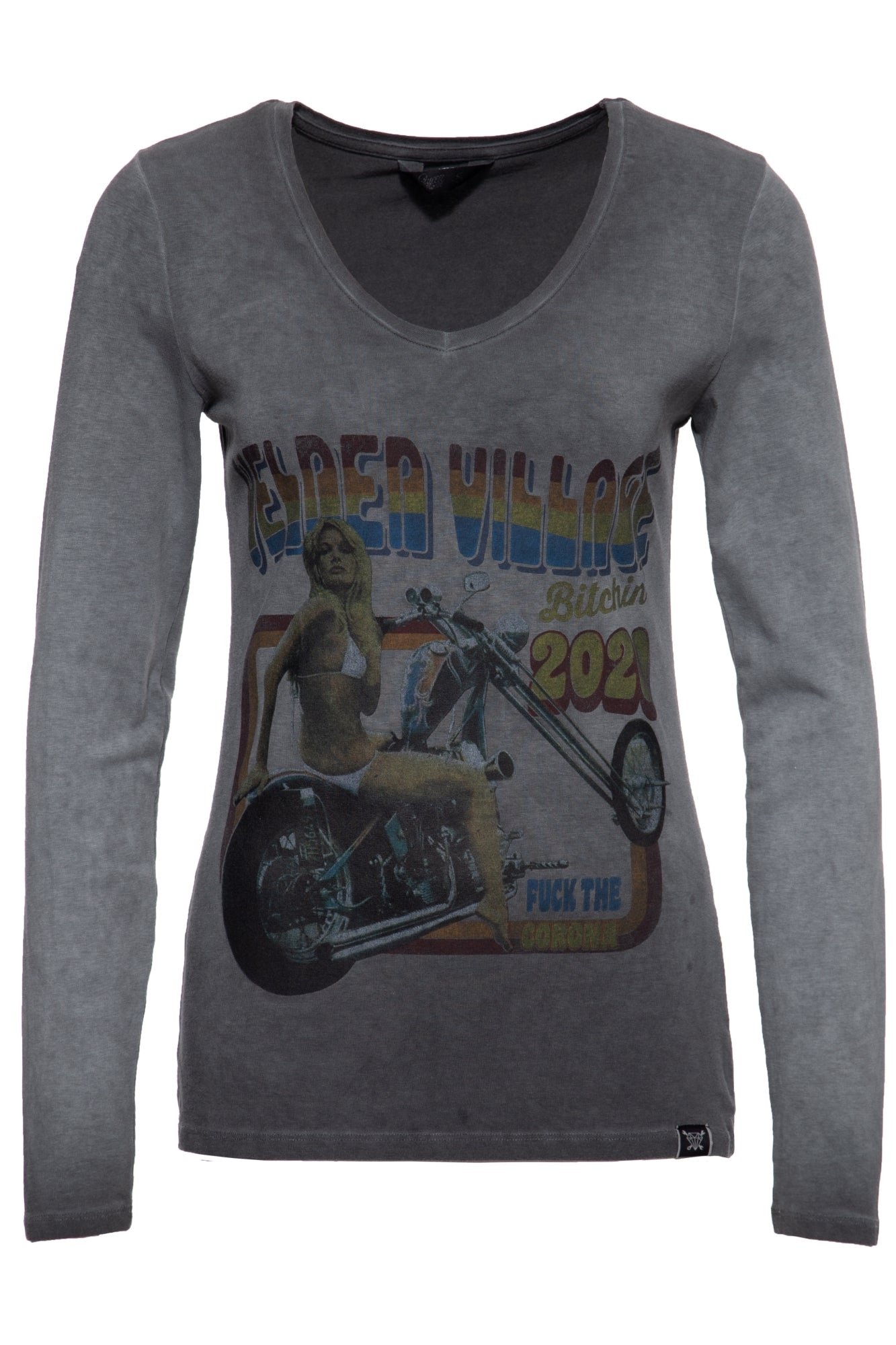 Queen Kerosin - Slim Fit Longsleeve mit Retro - Print und Oilwash - Effekt «Velden Village 2020»