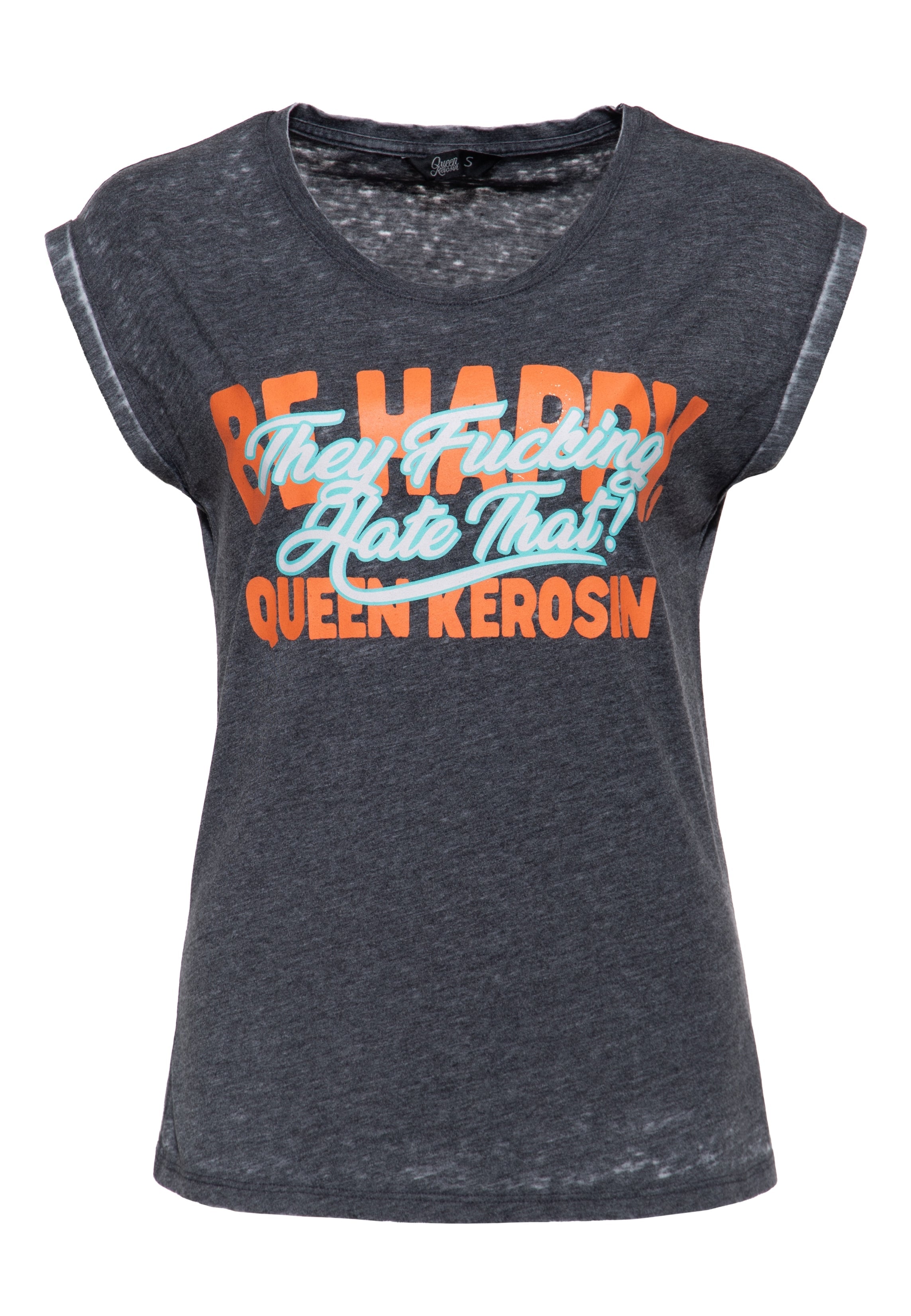 T-Shirt 'Be Happy' in Grau T-Shirts von Queen Kerosin