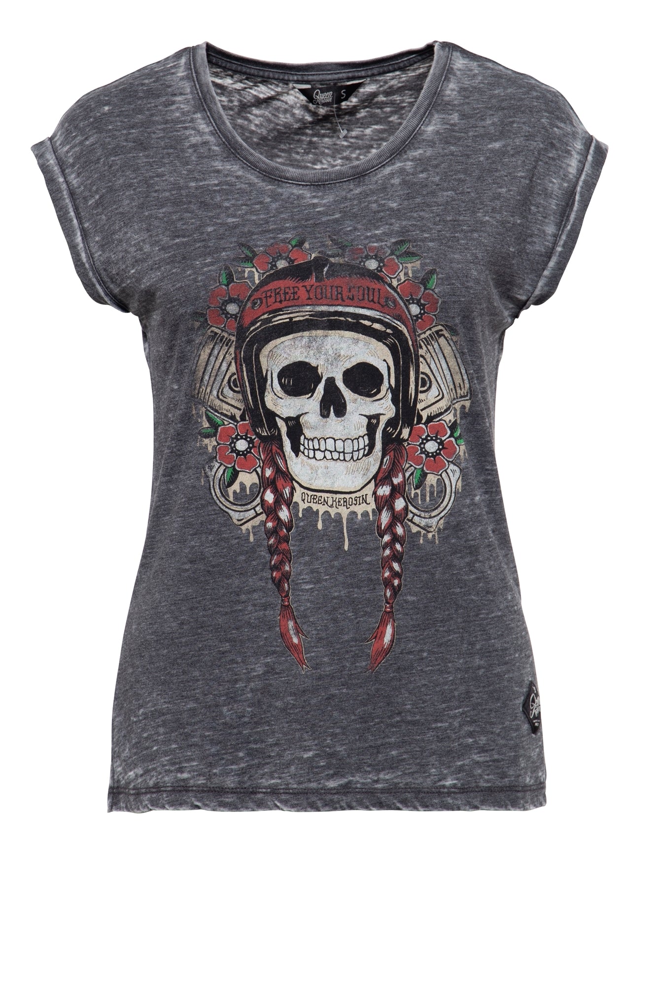 Queen Kerosin - T-Shirt Enzyme Wash und Print in der Front «Free Your Soul»