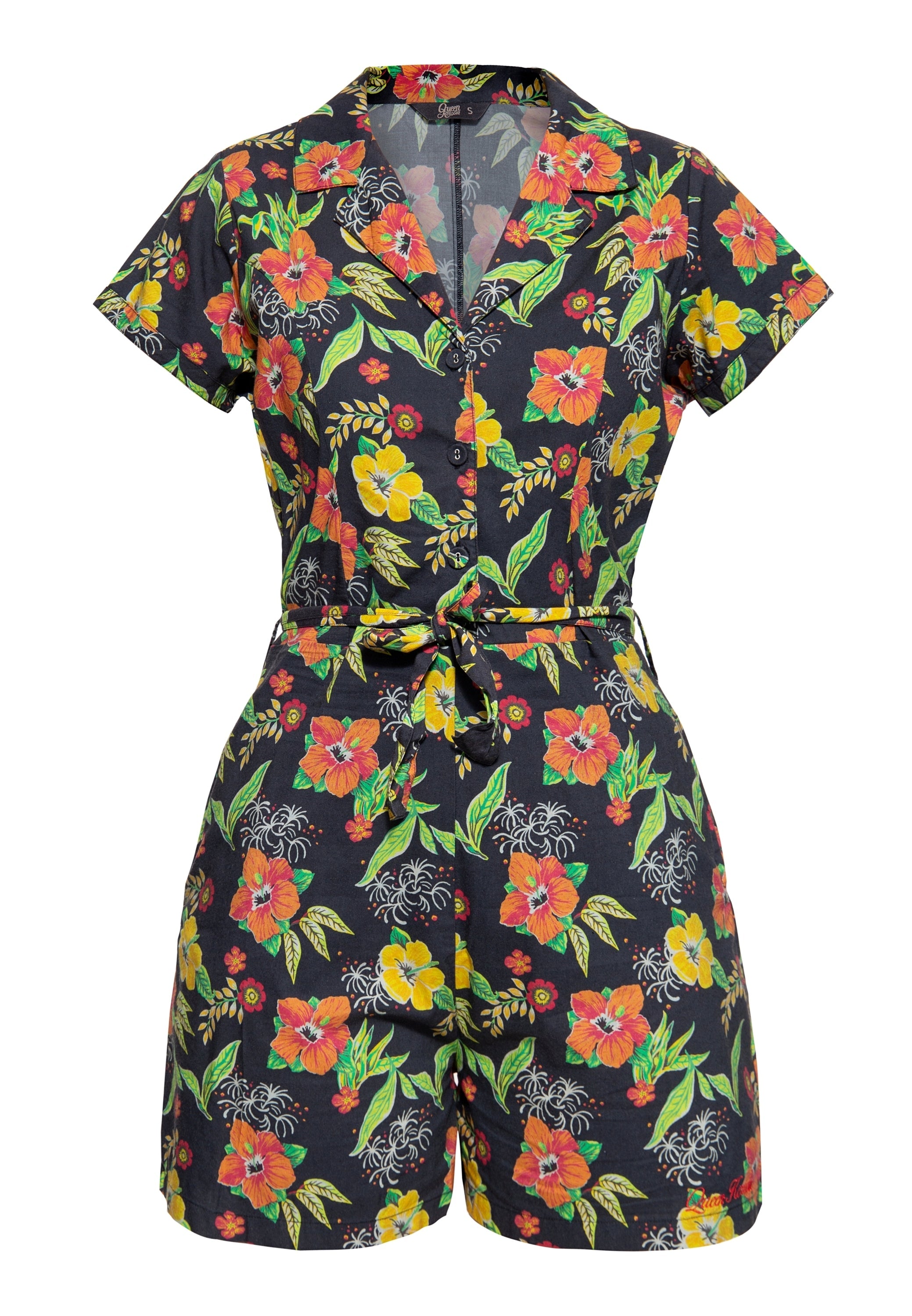 Blusen Jumpsuit «Hibiscus Black» Jumpsuits von Queen Kerosin