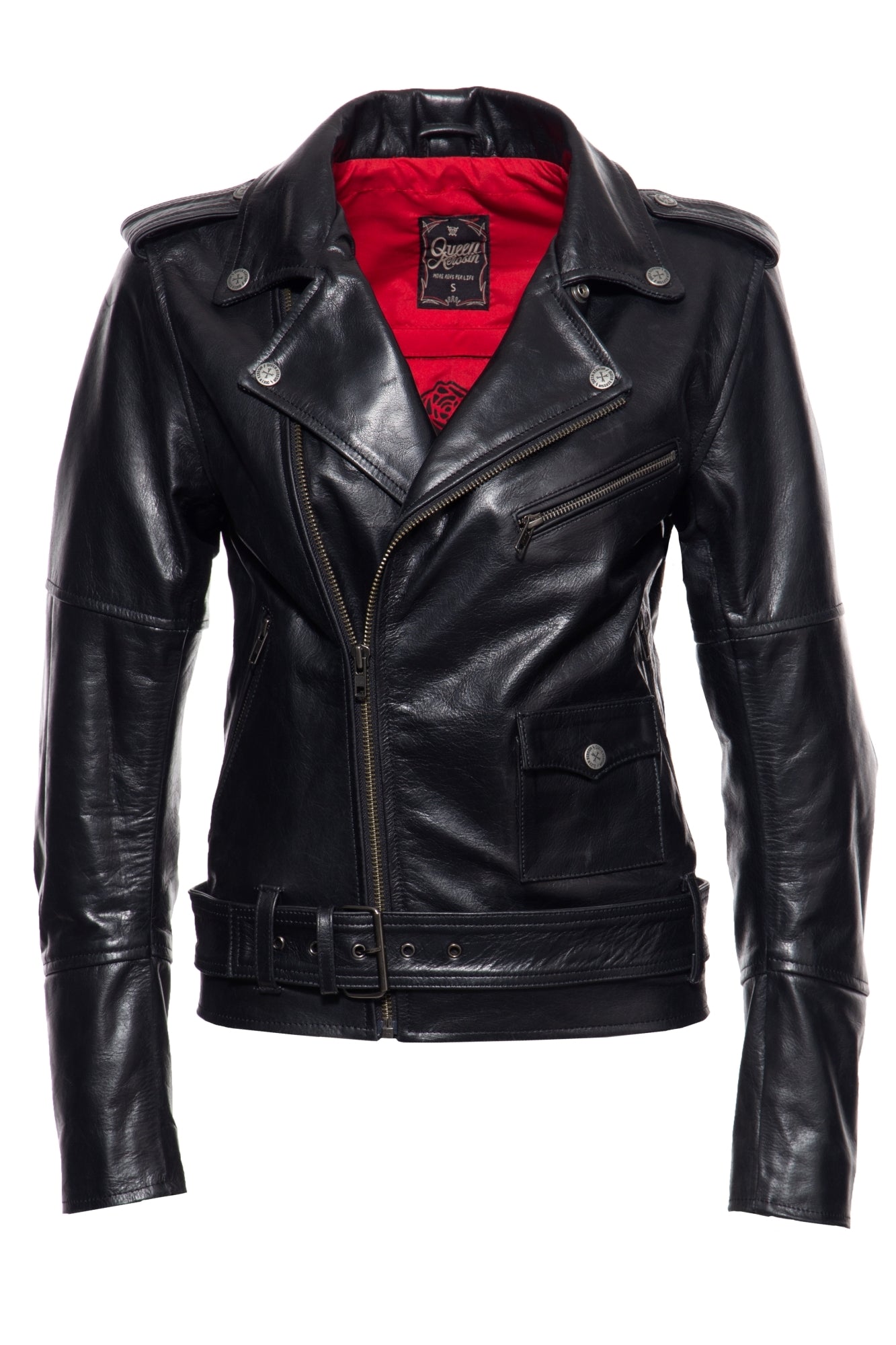 Lederjacke mit Bikerkragen und Gürtel am Saum - KING KEROSIN