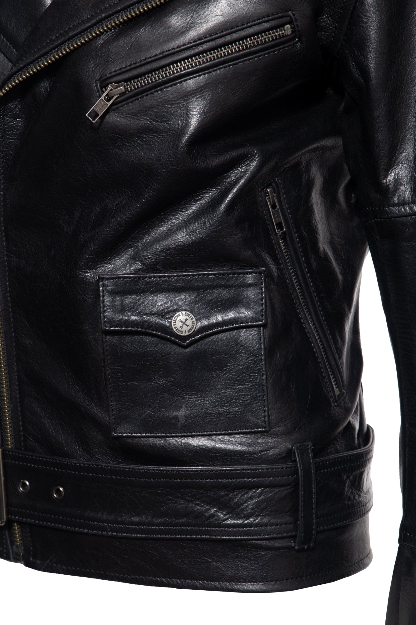 Lederjacke mit Bikerkragen und Gürtel am Saum - KING KEROSIN