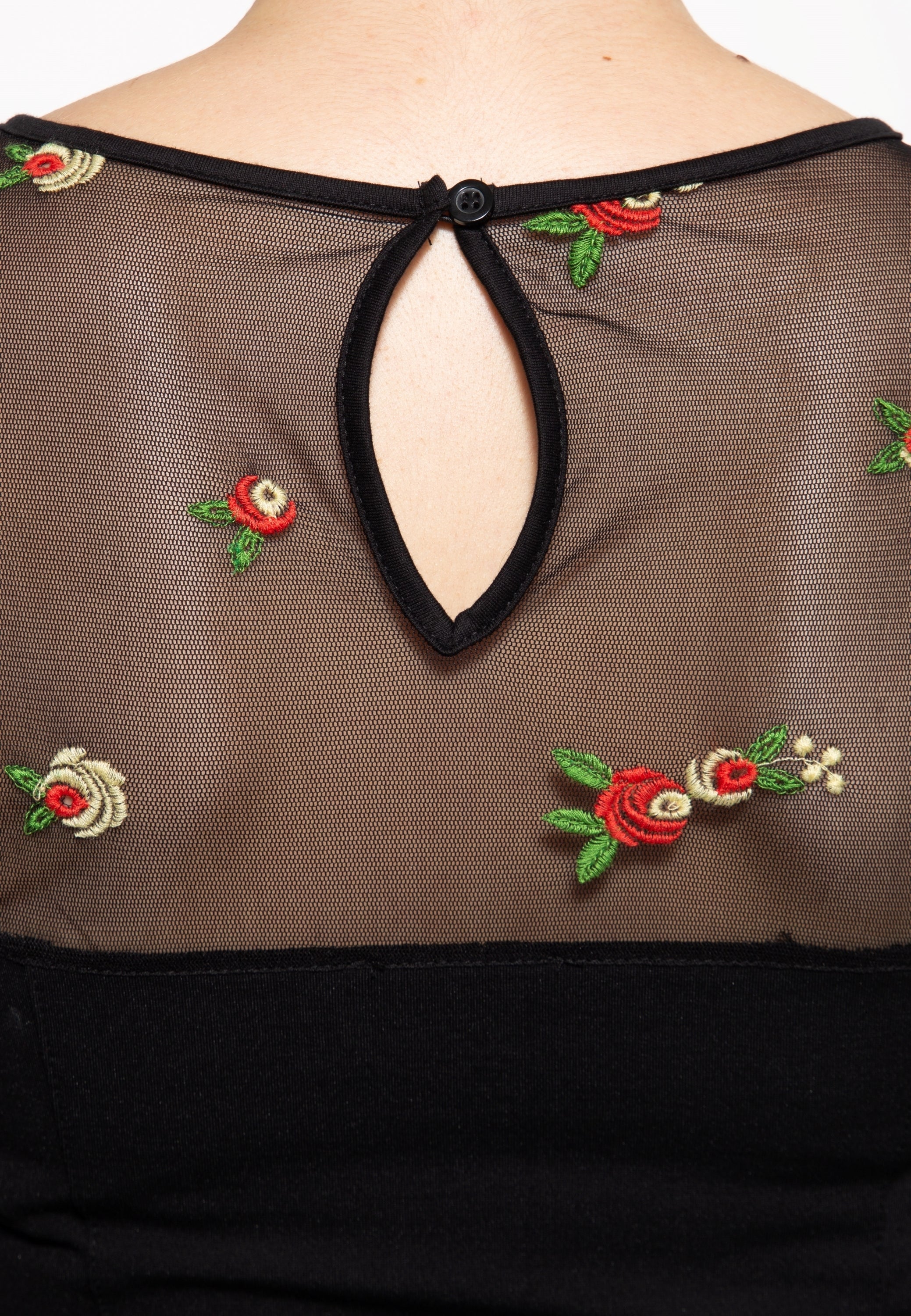 Queen Kerosin - Mesh Bleistiftkleid mit Rosen-Stickerei