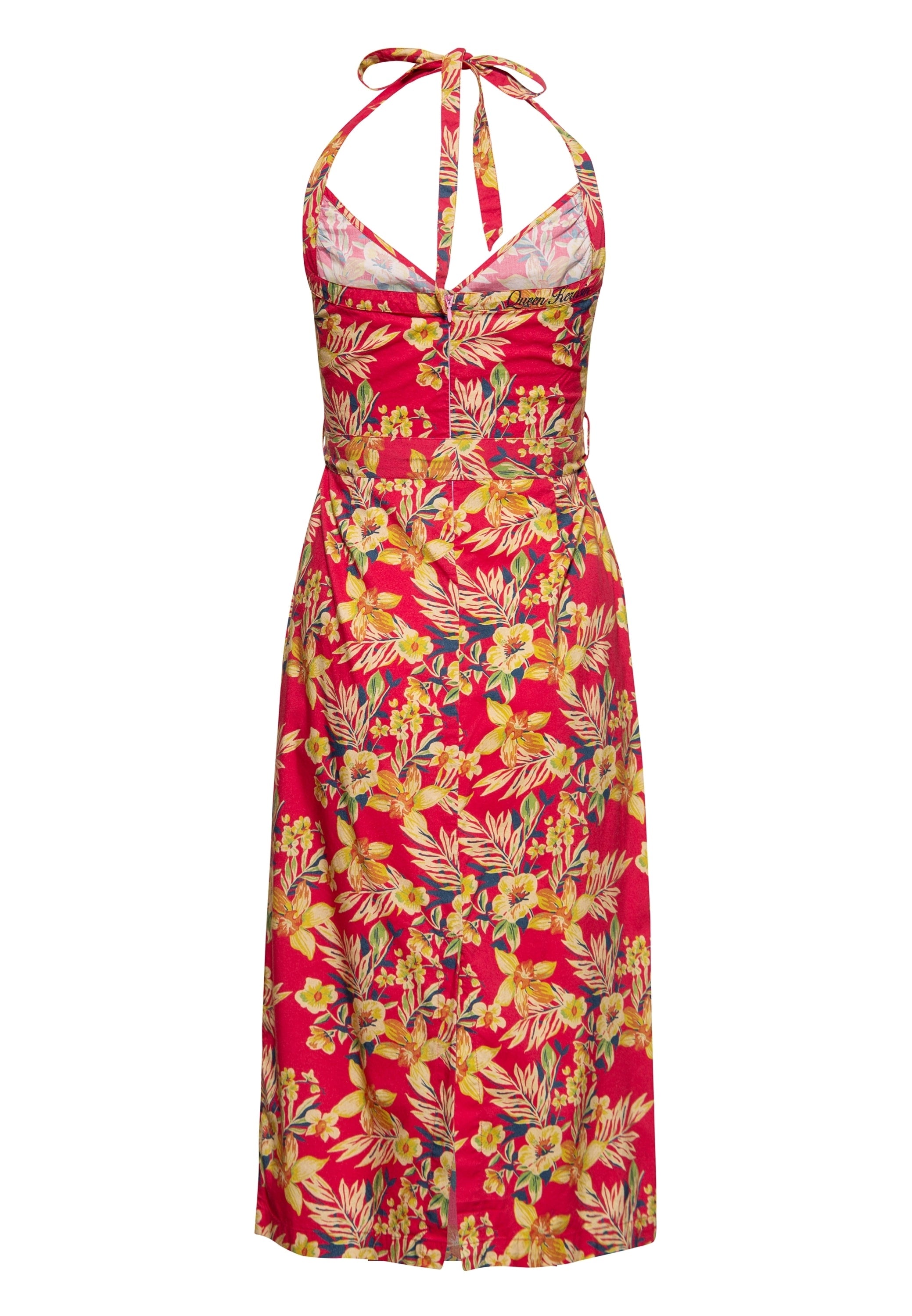Queen Kerosin - Neckholder Pencil Kleid «Hawaii Red»