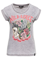 Queen Kerosin - Roll-Up T-Shirt Enzymwash mit Print «Wild Free»