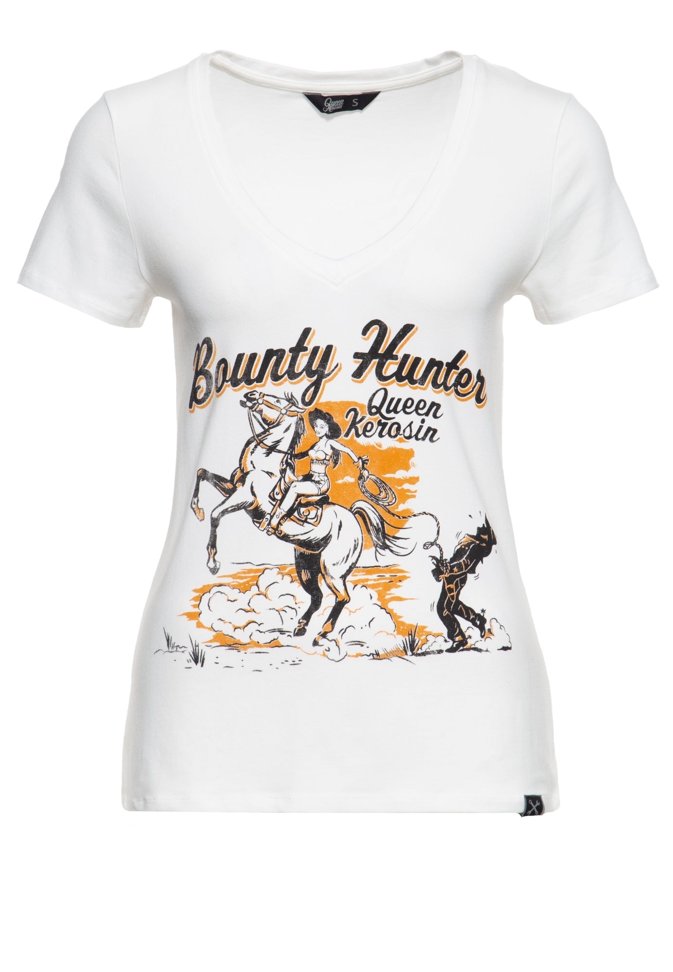 Queen Kerosin - Slim Fit T-Shirt mit V-Ausschnitt und Western Print «Bounty hunter»