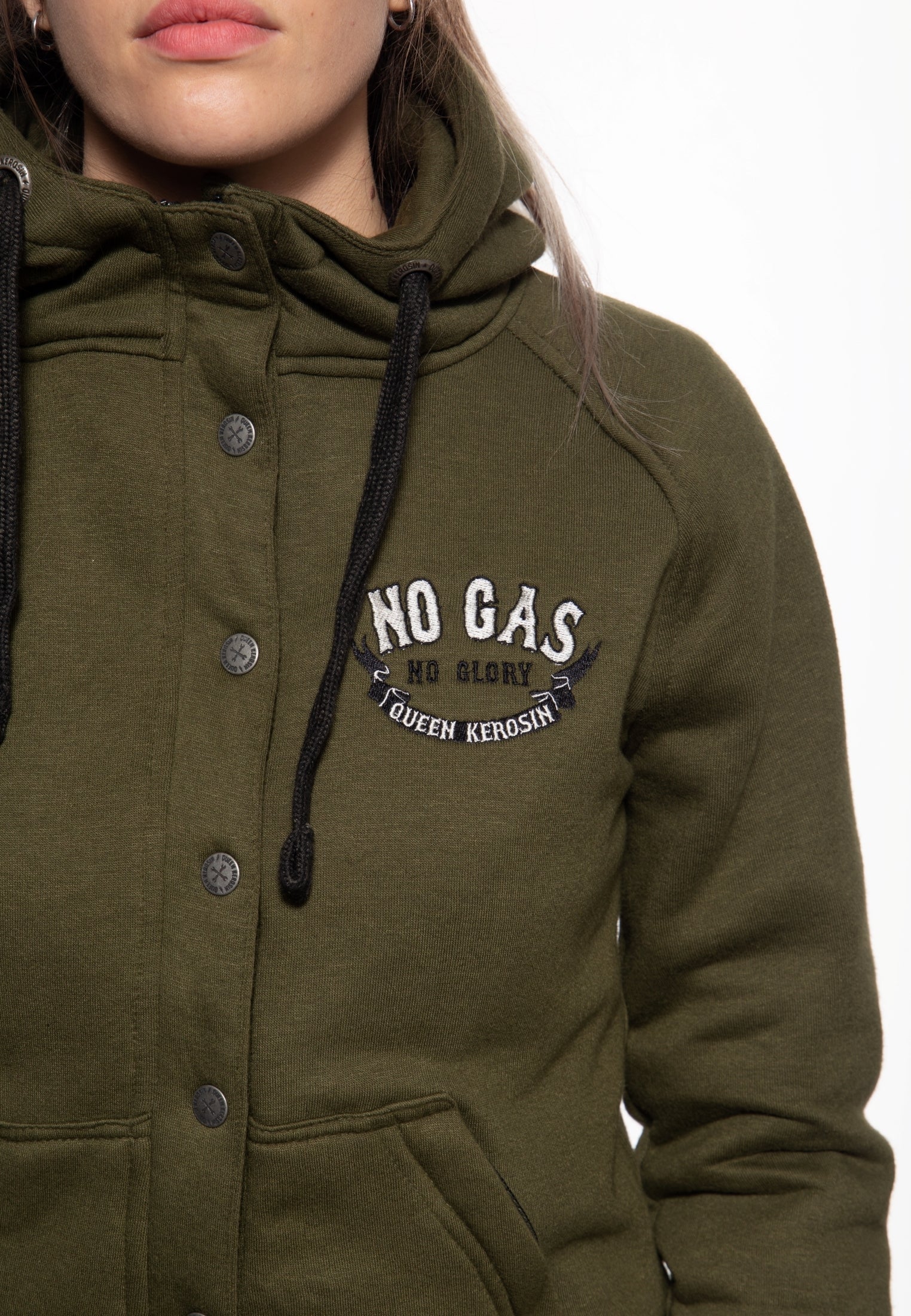 Queen Kerosin - Sweatjacke mit Kapuze «No Gas No Glory»