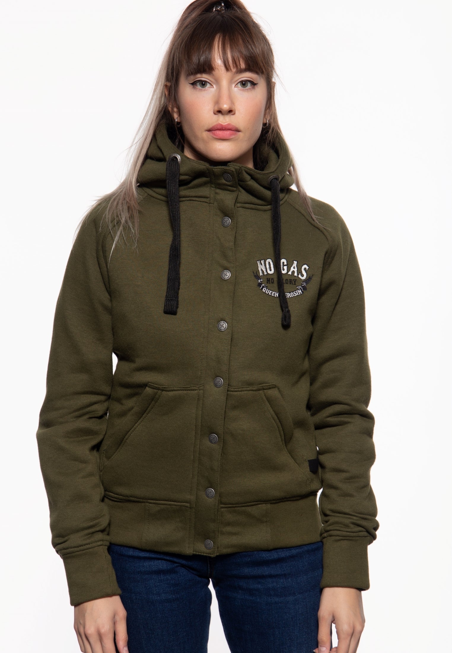 Queen Kerosin - Sweatjacke mit Kapuze «No Gas No Glory»