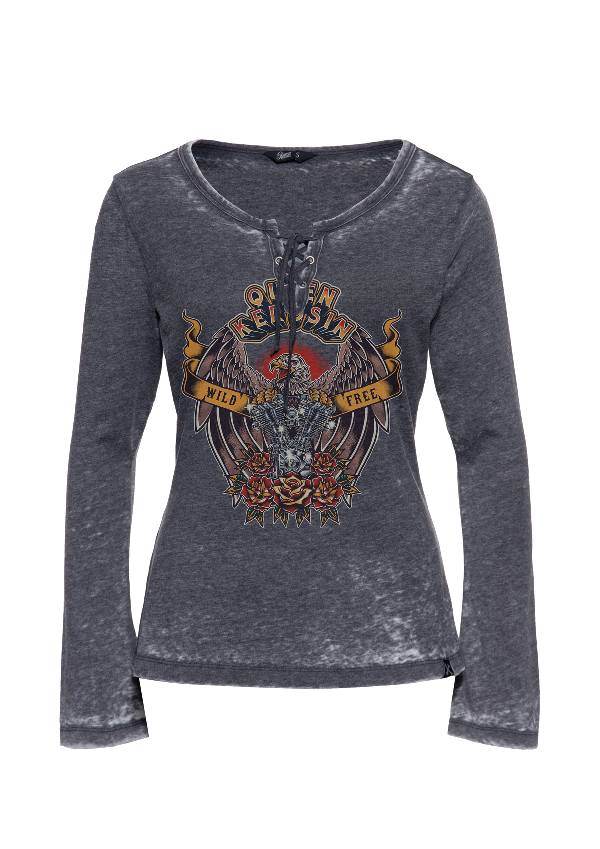 Damen longsleeve with lace-up detail "Wild & Free" in Anthracite