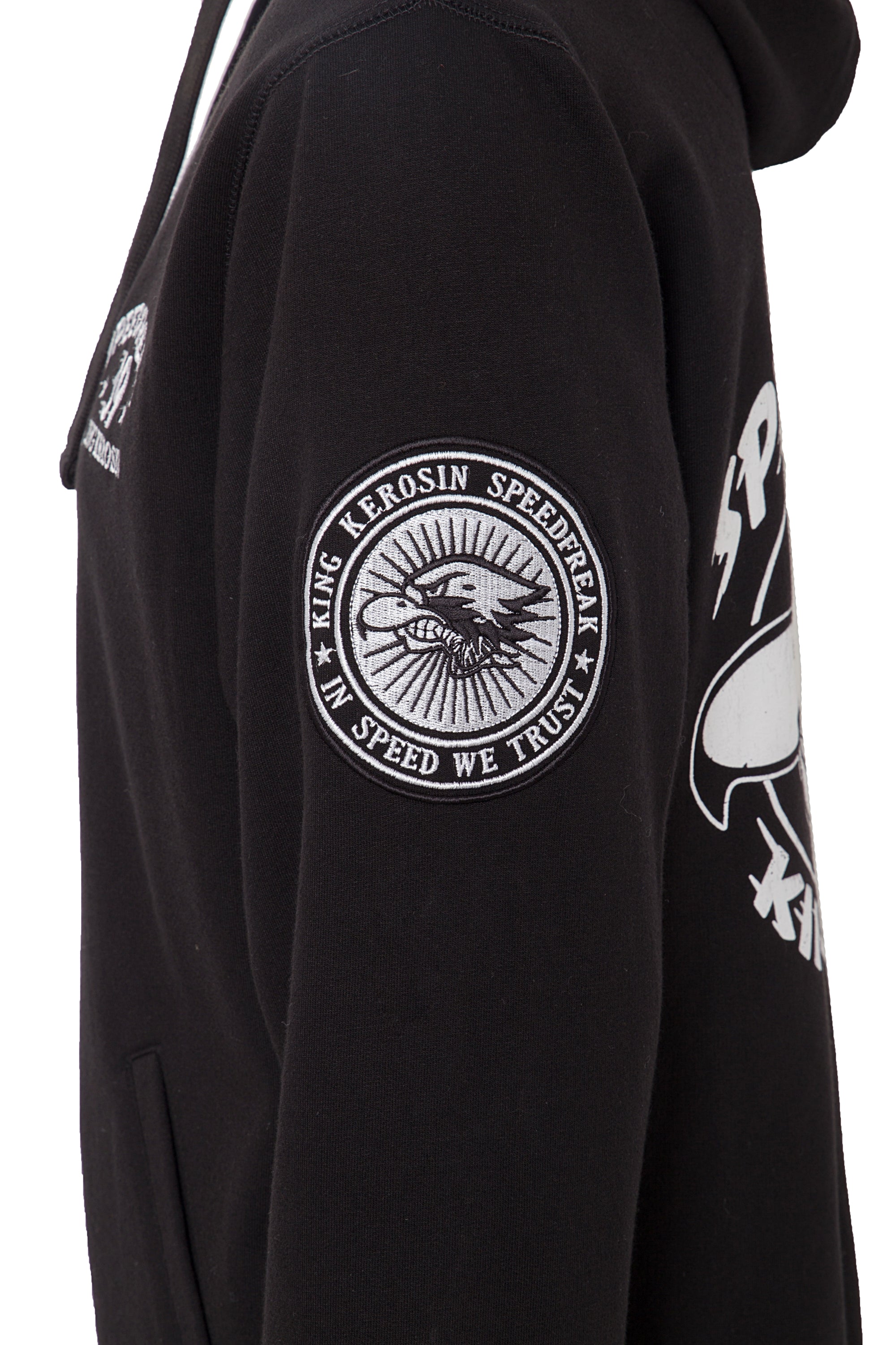 King Kerosin - Kapuzensweatjacke im College Look mit Patch und Rückenprint «Speedfreak»