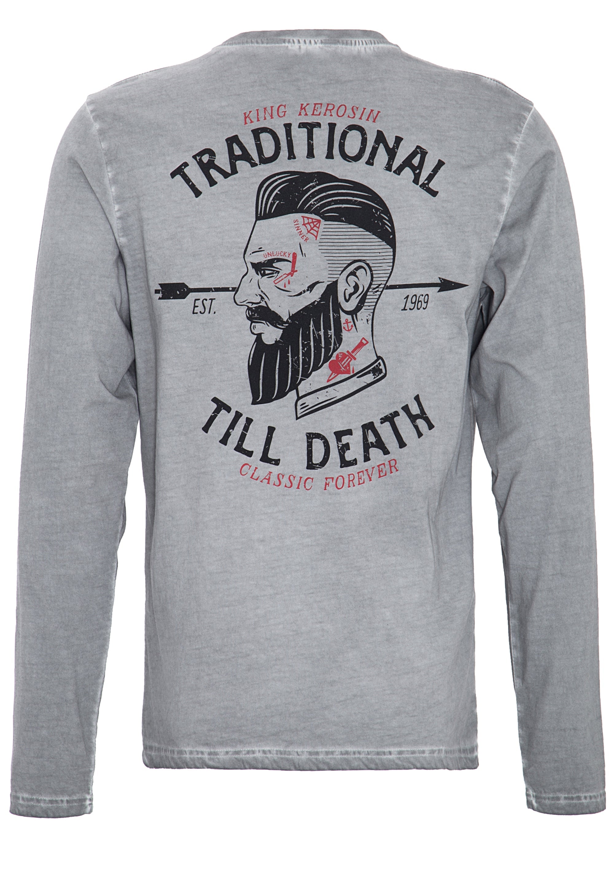King Kerosin - Langarmshirt im Used - Look mit Front - Stickerei und Rückenprint «Traditional Till Death»
