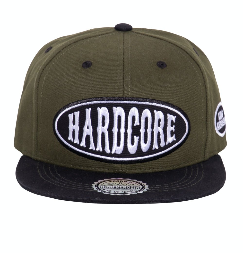 Snapback Cap mit Frontstickerei und Print auf der Schirmunterseite «Hardcore» Snapback Cap von King Kerosin
