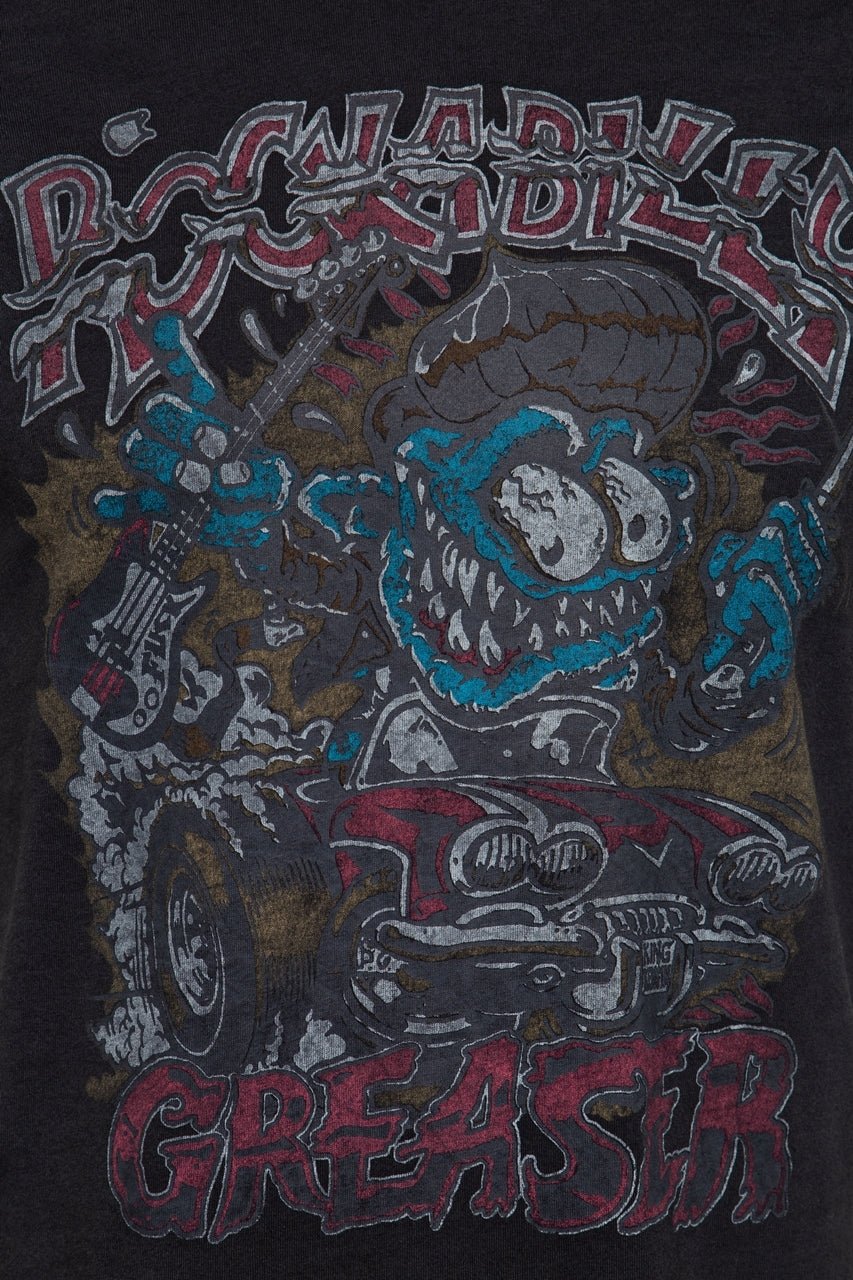 King Kerosin - T-Shirt mit Oilwash - Effekt und Frontprint und Ärmelaufschlag «Rockabilly Greaser»
