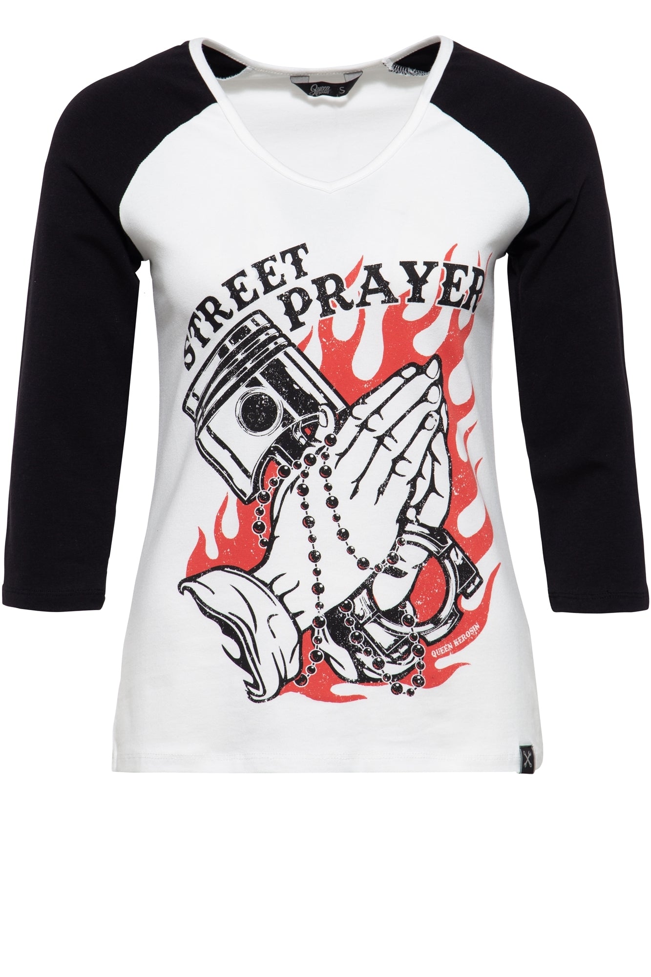 Queen Kerosin - 3/4-Sleeve Shirt mit Frontprint und farblich kontrastierenden Raglanärmeln «Street Prayer»