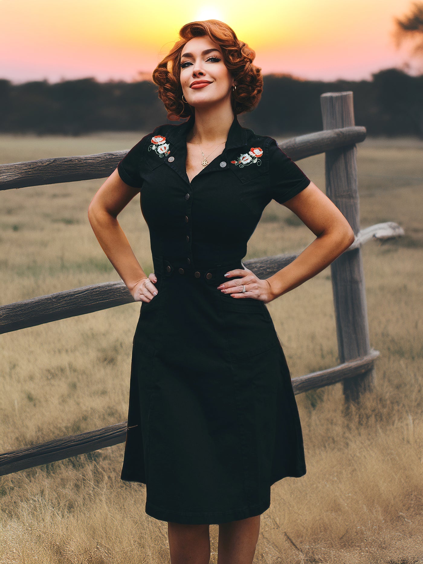 Queen Kerosin - 50s Swing Jeanskleid mit Stickerei