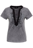 Queen Kerosin - Acidwash Laced T-Shirt «Spread Your Wings»