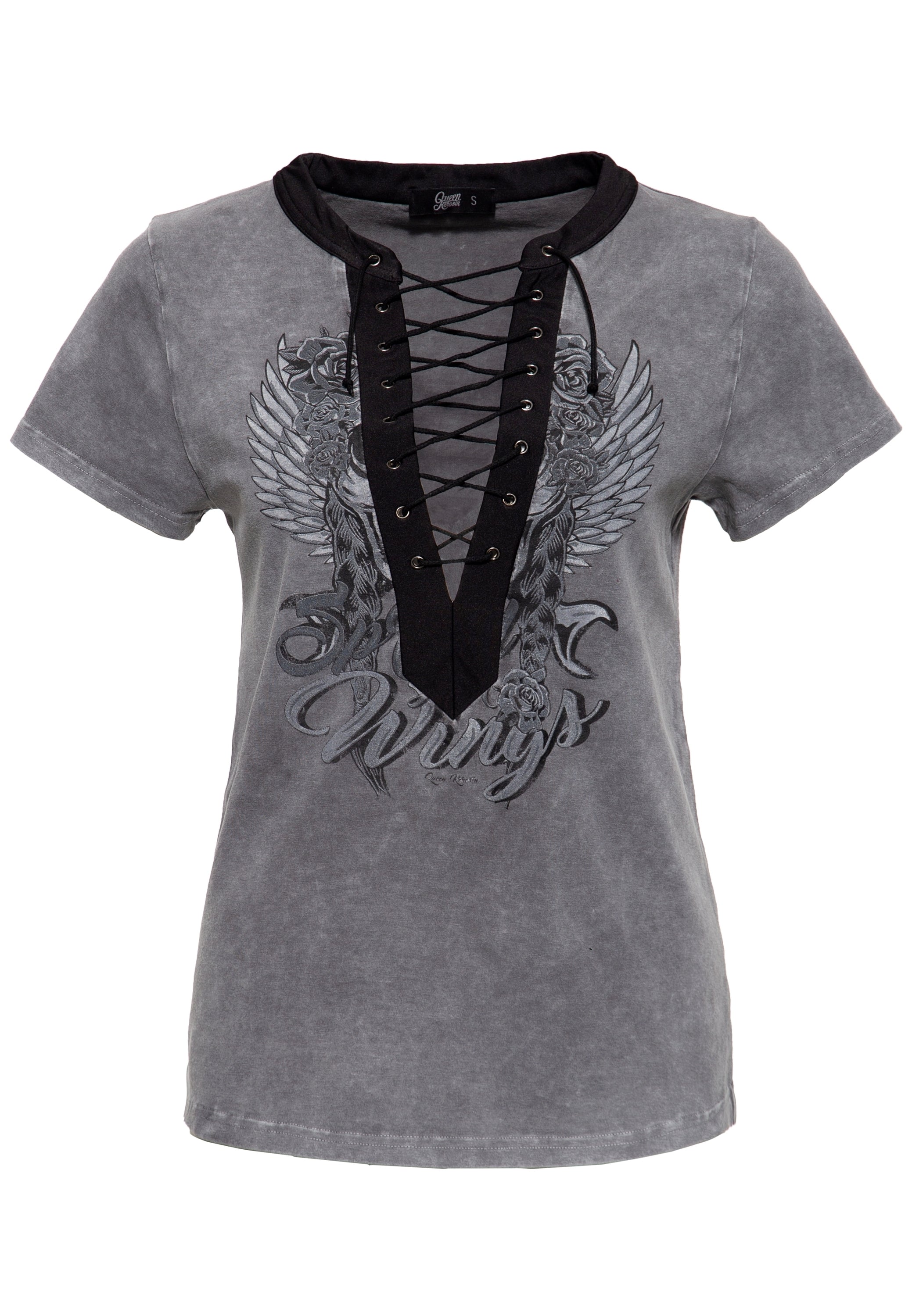Queen Kerosin - Acidwash Laced T-Shirt «Spread Your Wings»