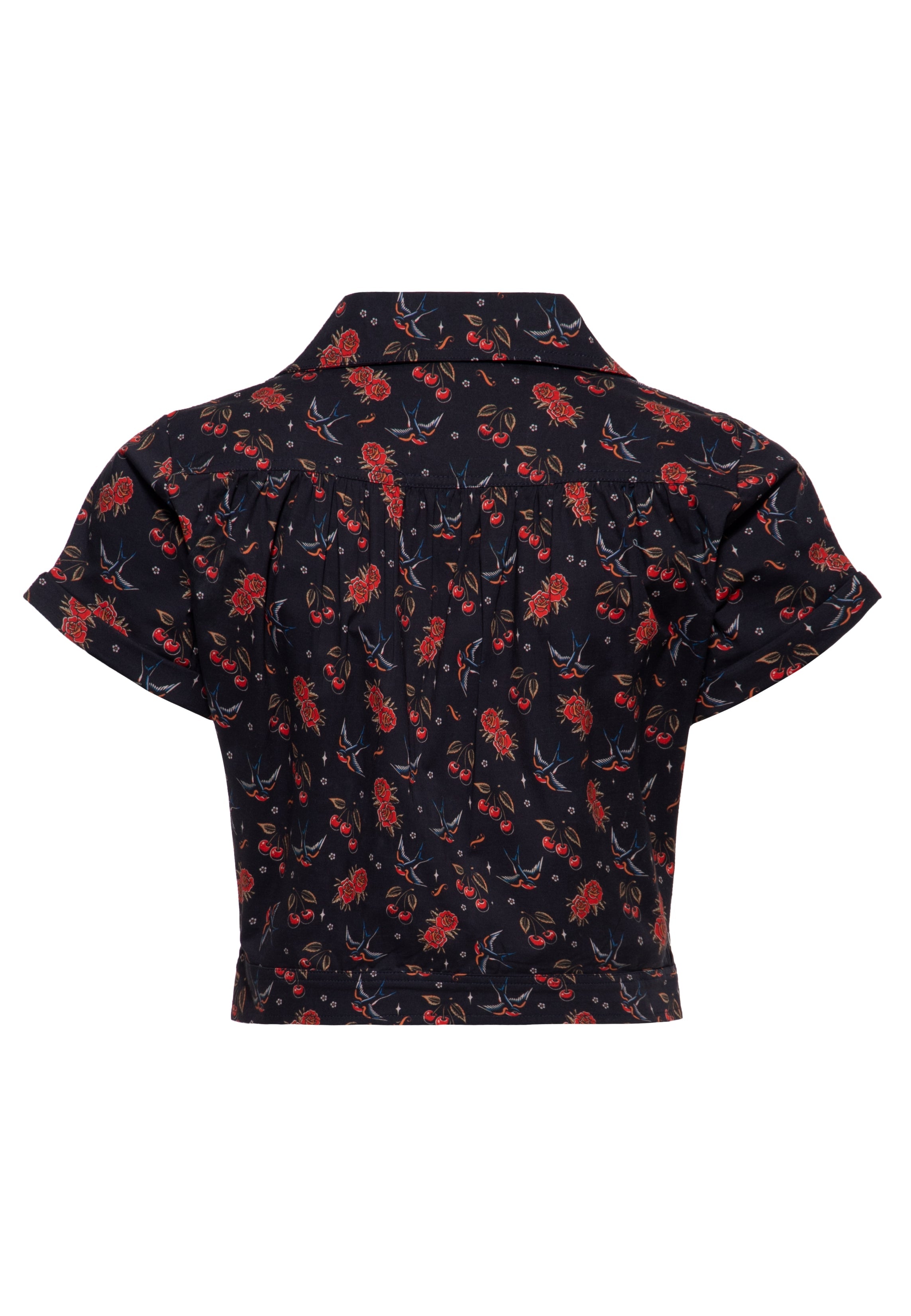 Cropped Hawaiibluse 'Cherries & Roses' in Schwarz Blusen von Queen Kerosin