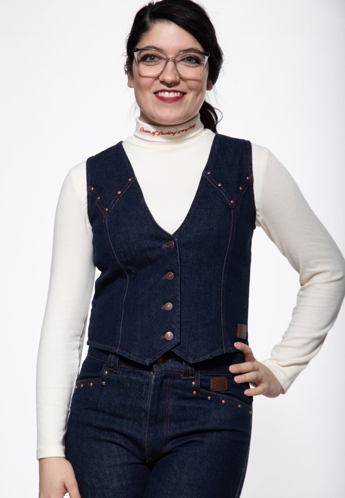 Damen Denim Weste "Ruby" in Dark Blue Wash – Jeans Weste von Queen Kerosin - Ansicht 8