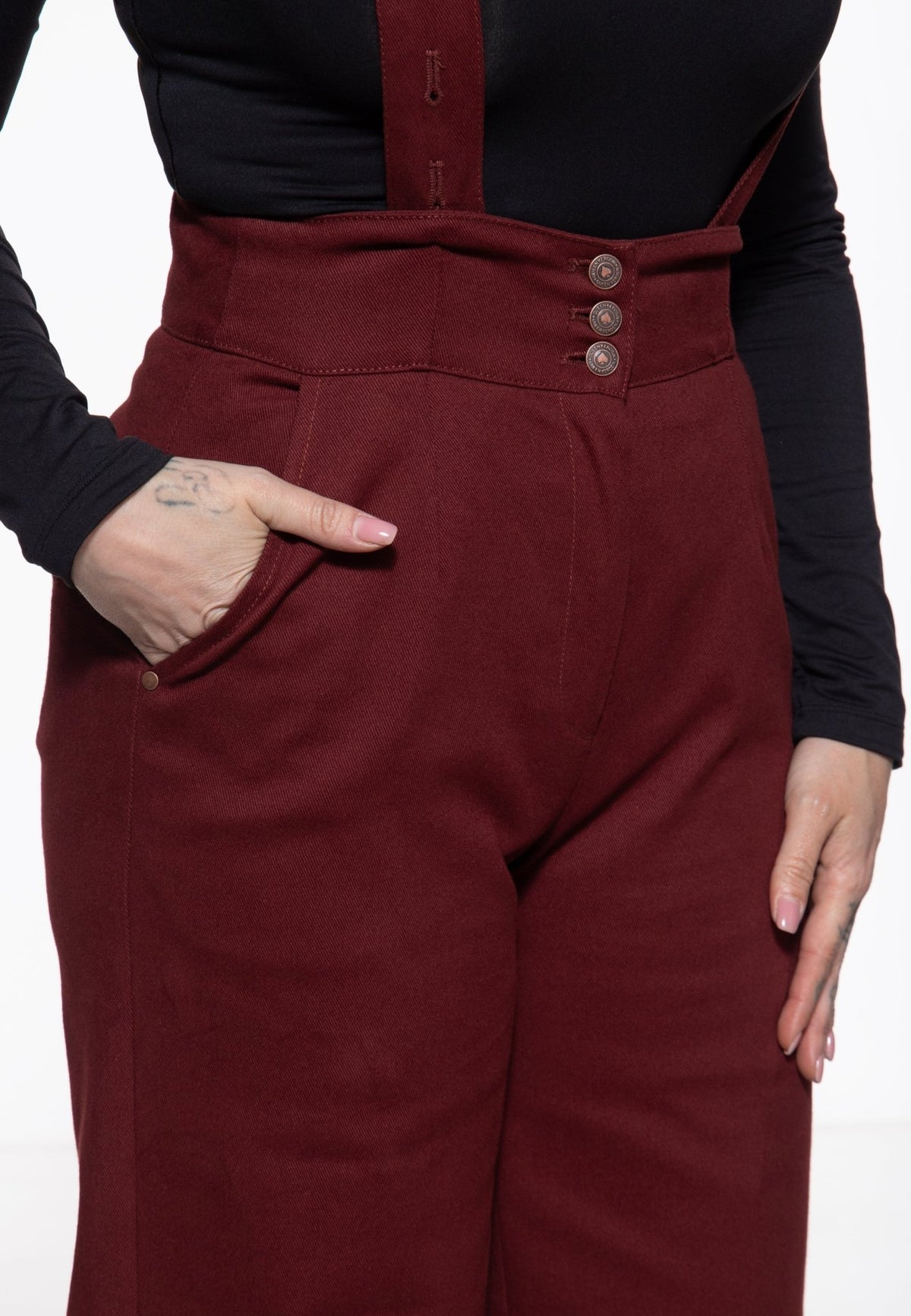 Damen Hose High-Waist Wide-Leg Dungarees in Bordeaux – Hose von Queen Kerosin - Ansicht 4