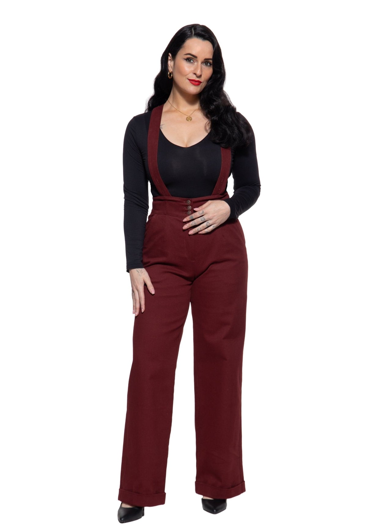 Damen Hose High-Waist Wide-Leg Dungarees in Bordeaux – Hose von Queen Kerosin - Ansicht 1