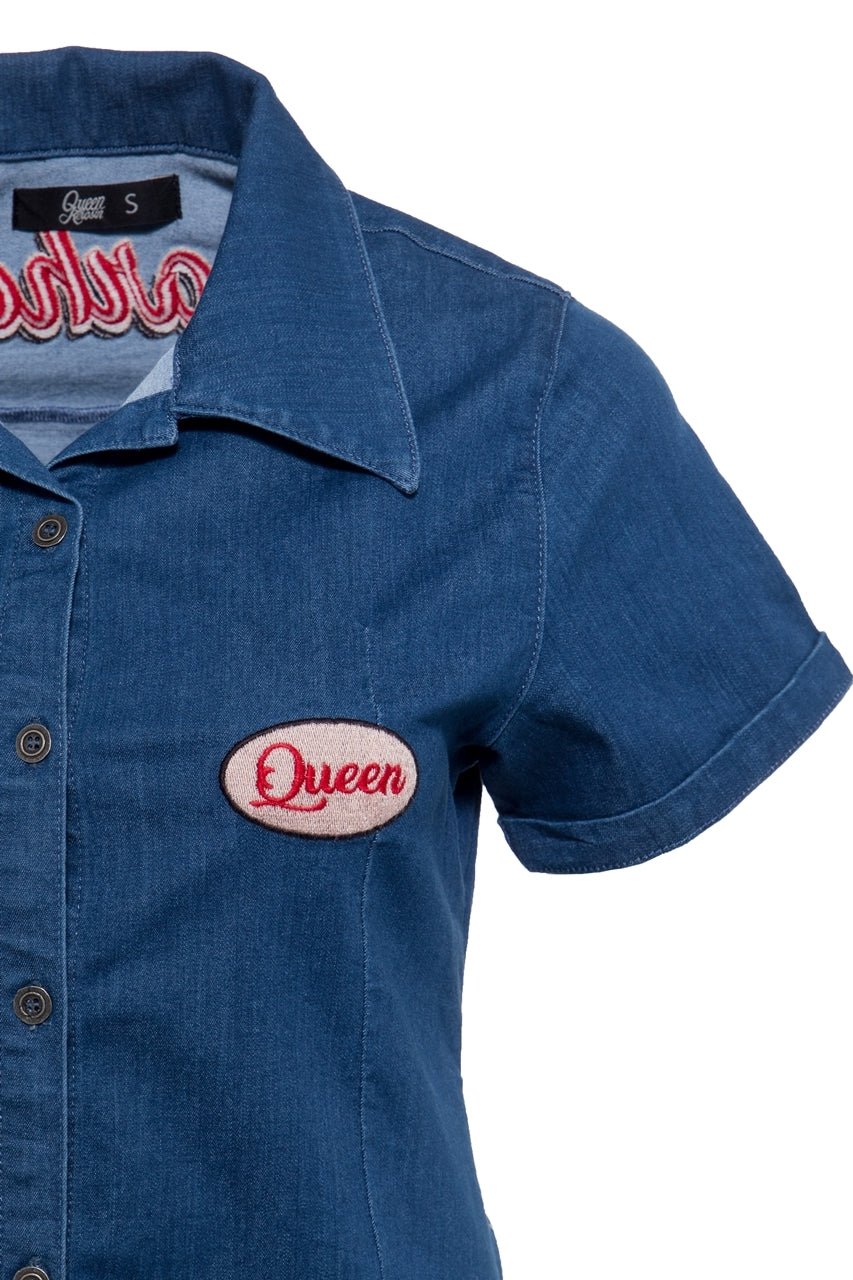 Queen Kerosin - Denim Bluse mit Stickerei «Gearhead»