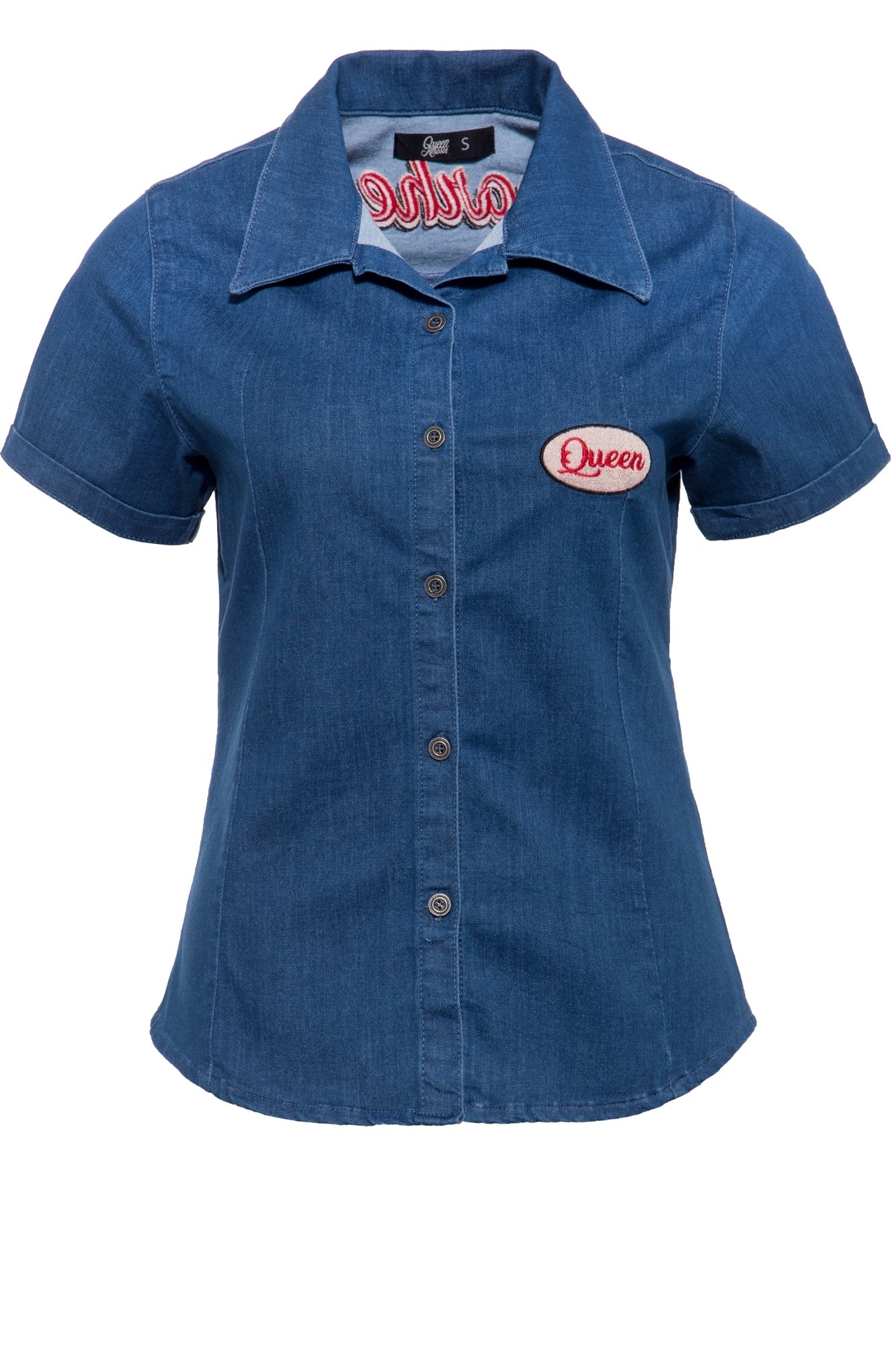 Queen Kerosin - Denim Bluse mit Stickerei «Gearhead»