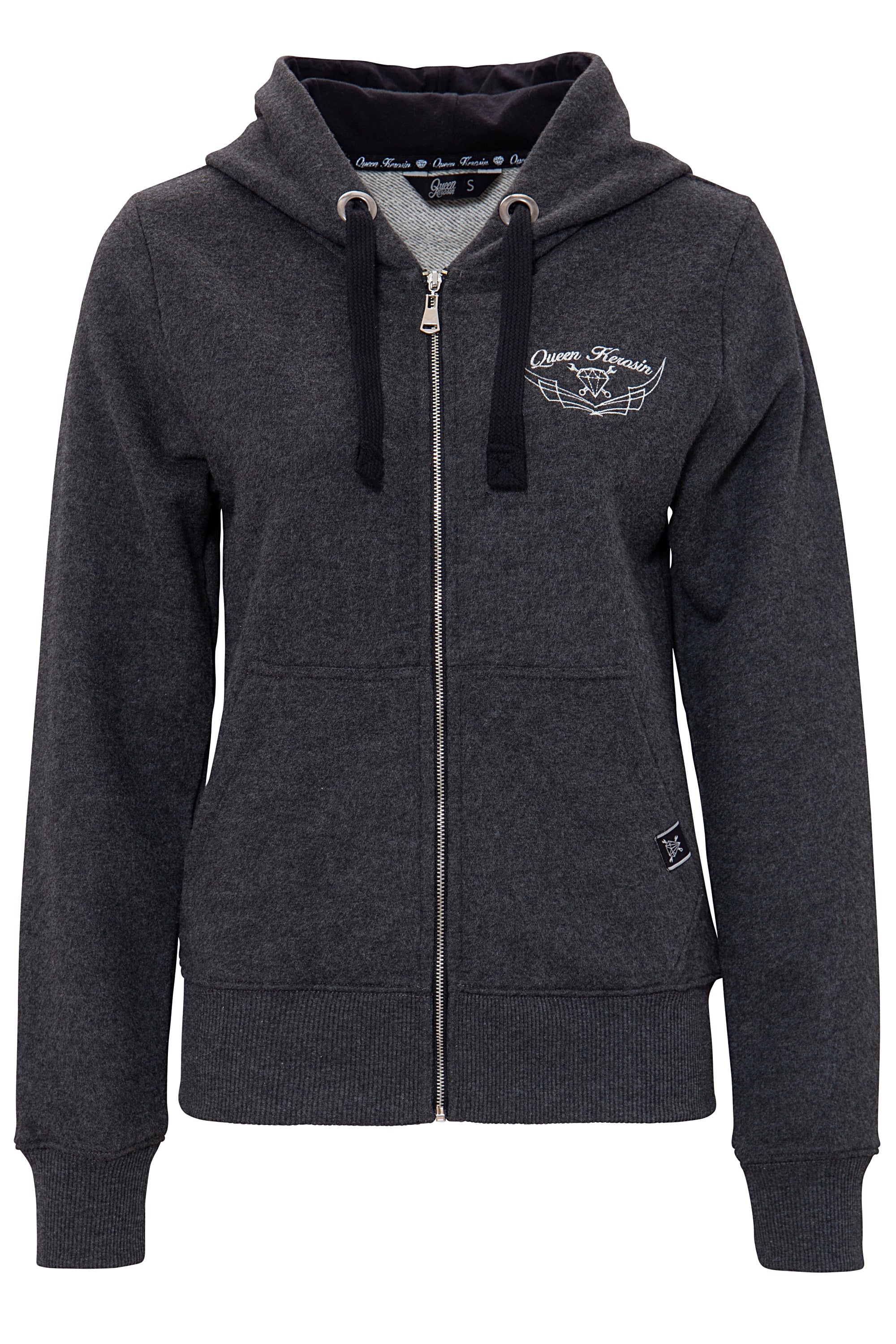 Queen Kerosin - Hoodie Kapuzensweatjacke mit Stickereien und Kängurutasche «My Route My Rules»