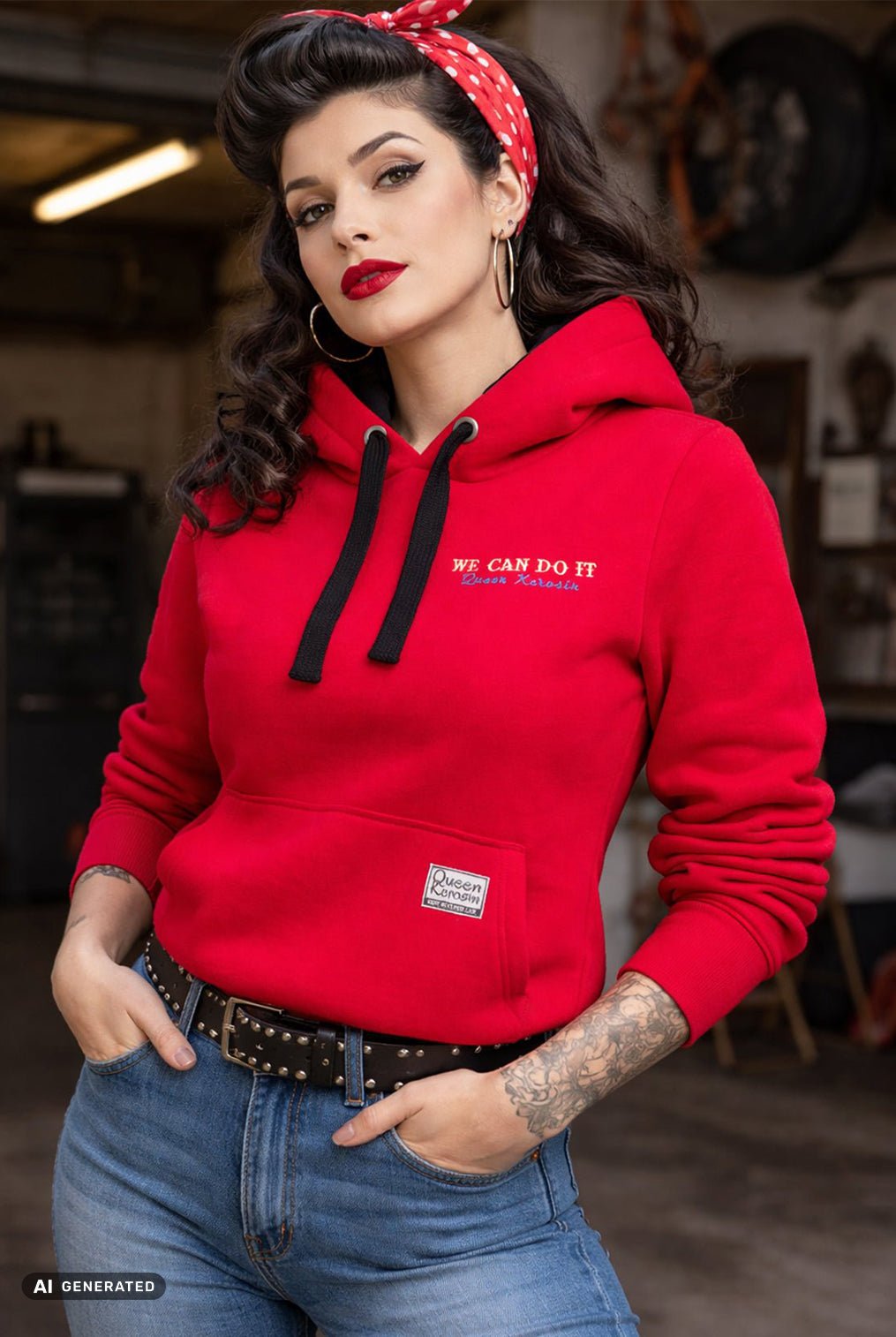 Hoodie 'We Can Do it' in Rot Kapuzenpullover von Queen Kerosin